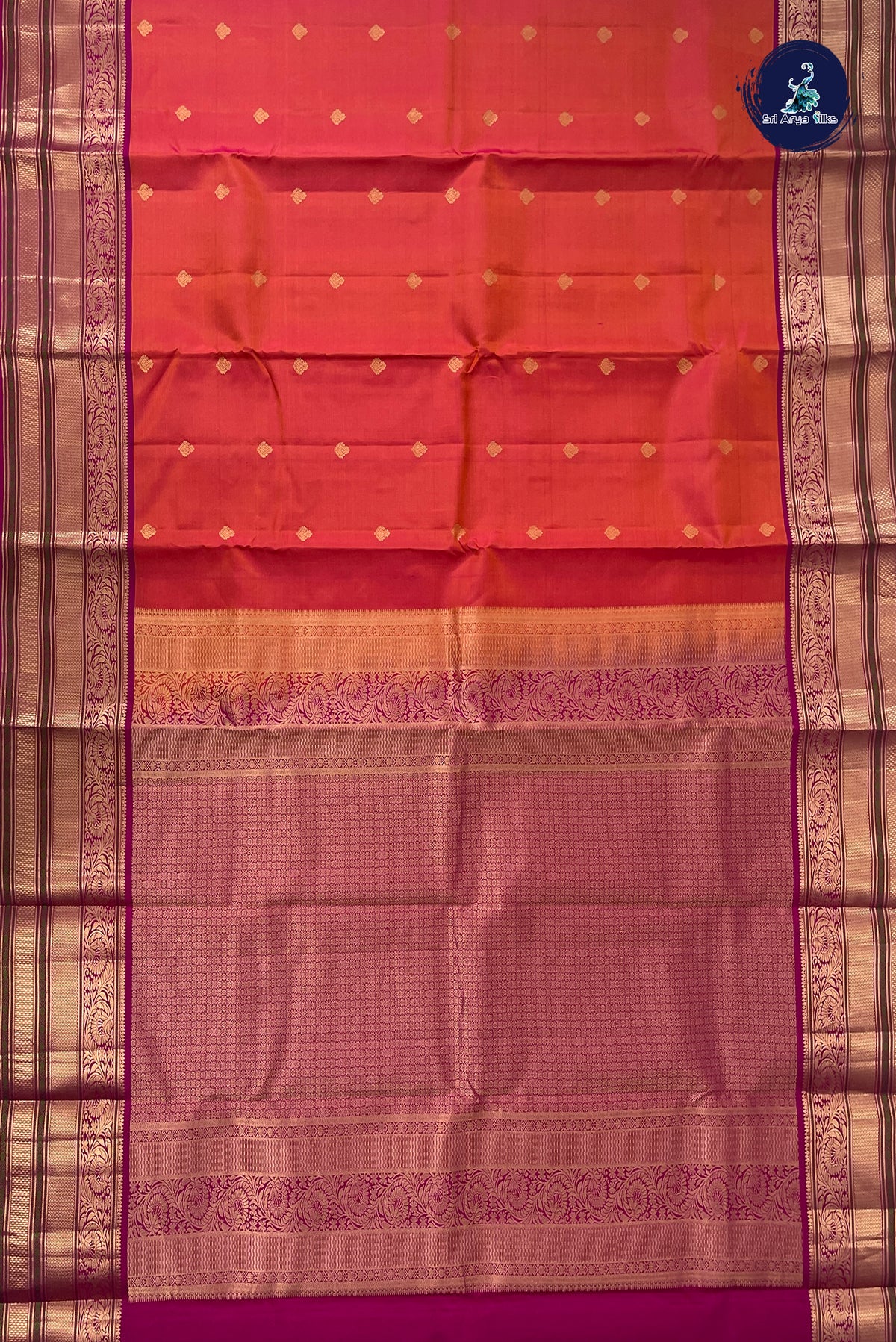 Pinkish Orange Traditional Silk Saree With Zari Buttas Pattern