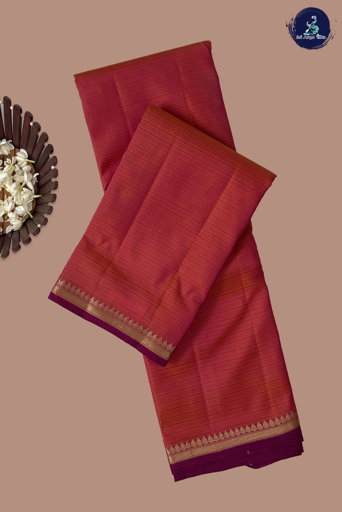 Orangish Pink Light Weight Silk Saree With Doria Lines Pattern