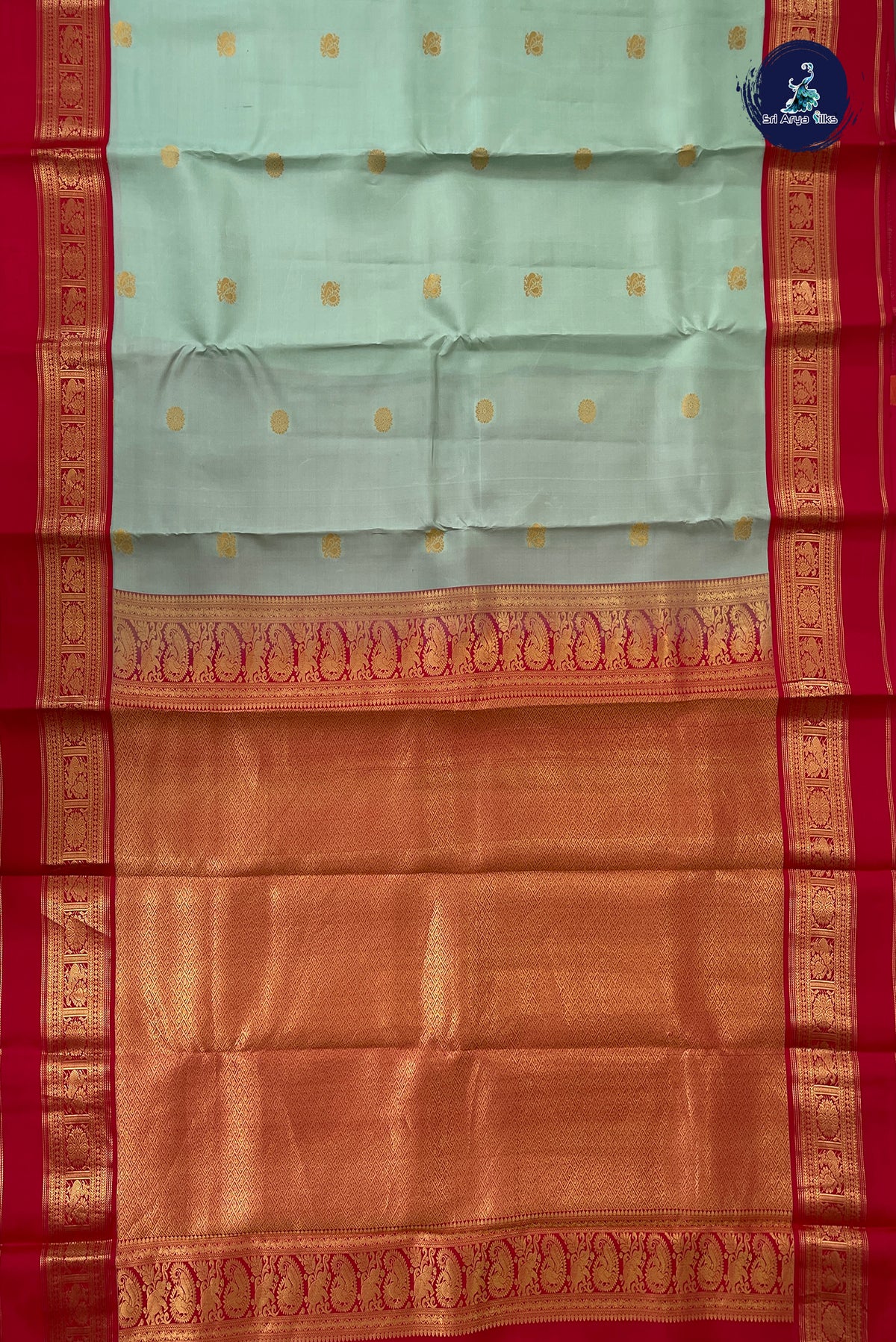 Pastel Green Korvai Contrast Silk Saree With Zari Buttas Pattern