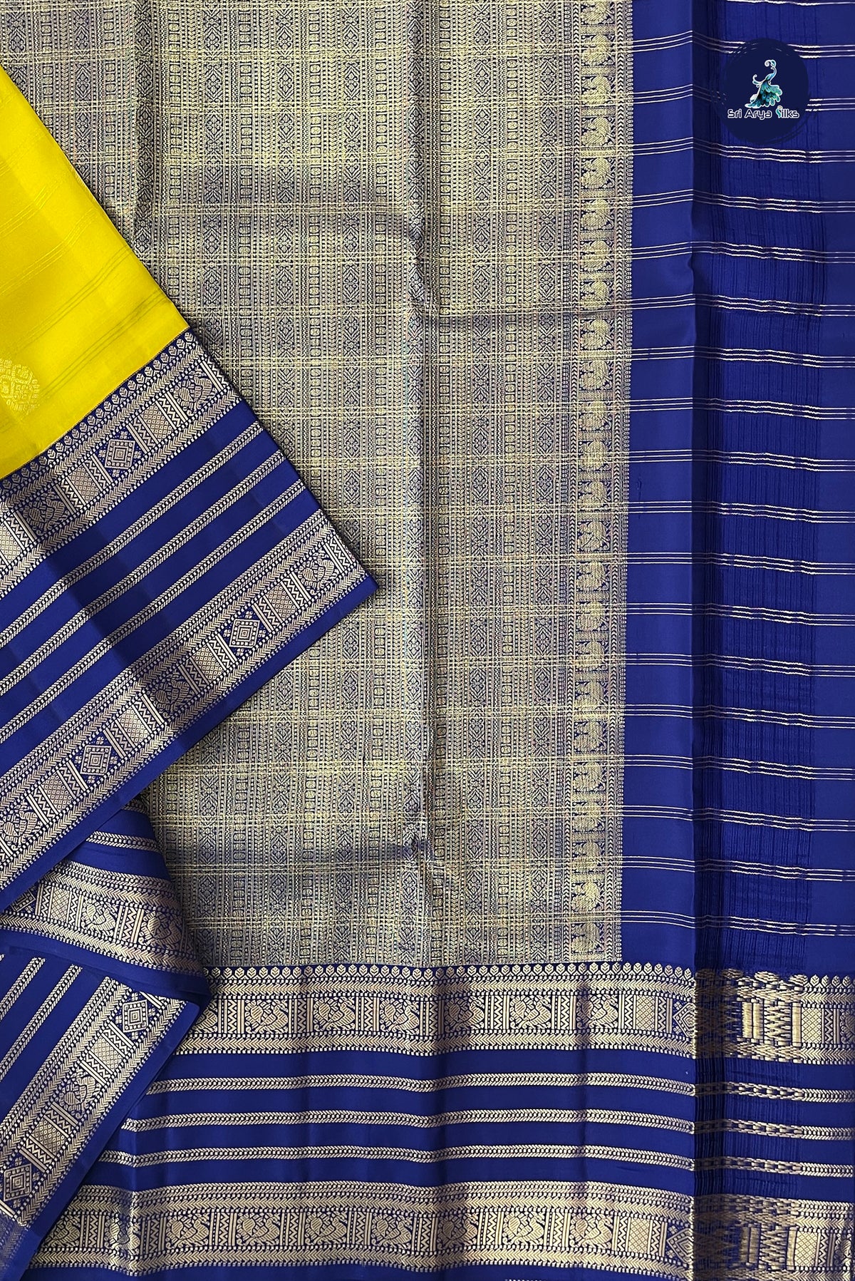 Yellow Korvai Contrast Silk Saree With Stripes Pattern