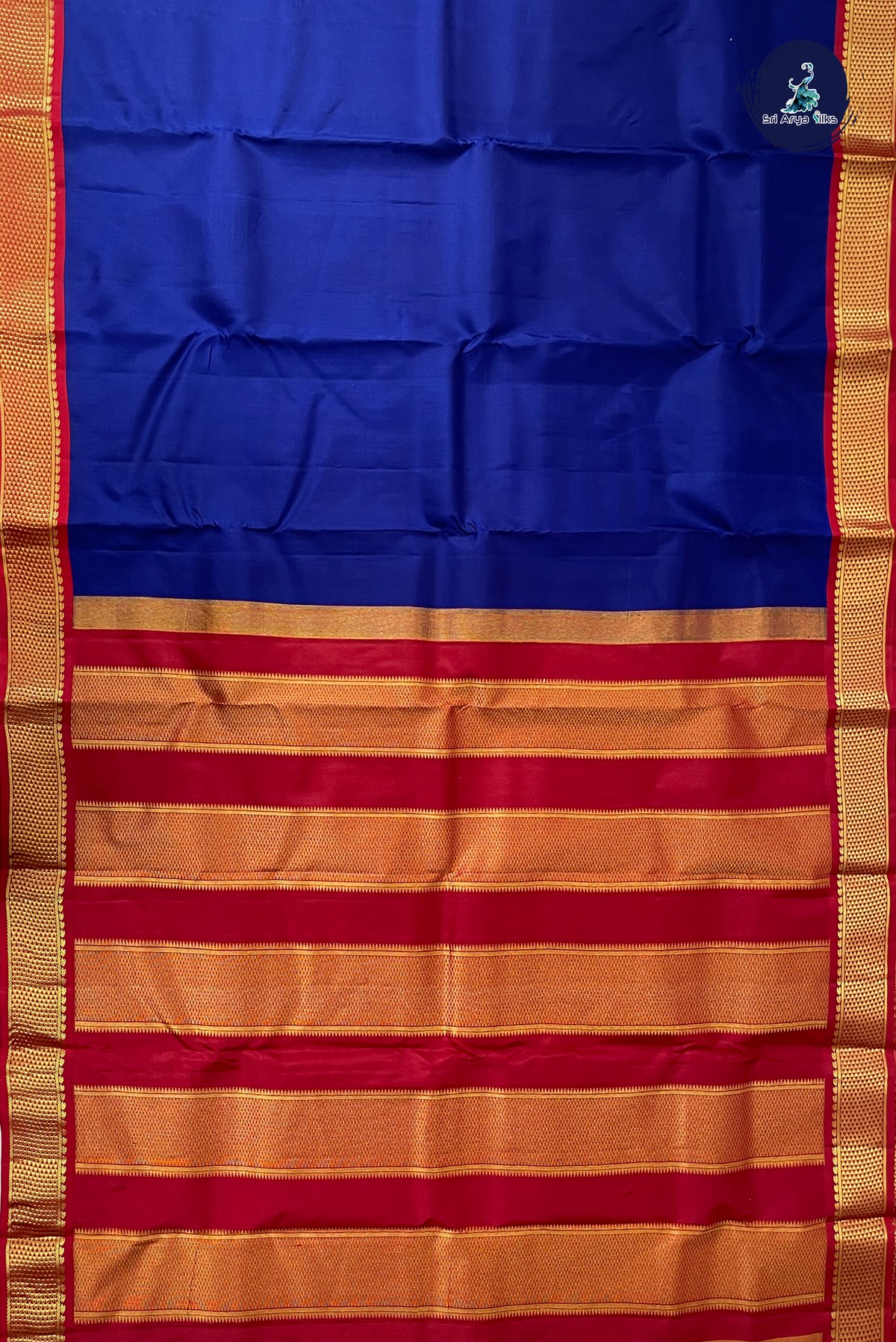 Dark Blue Korvai Contrast Silk Saree With Plain Pattern