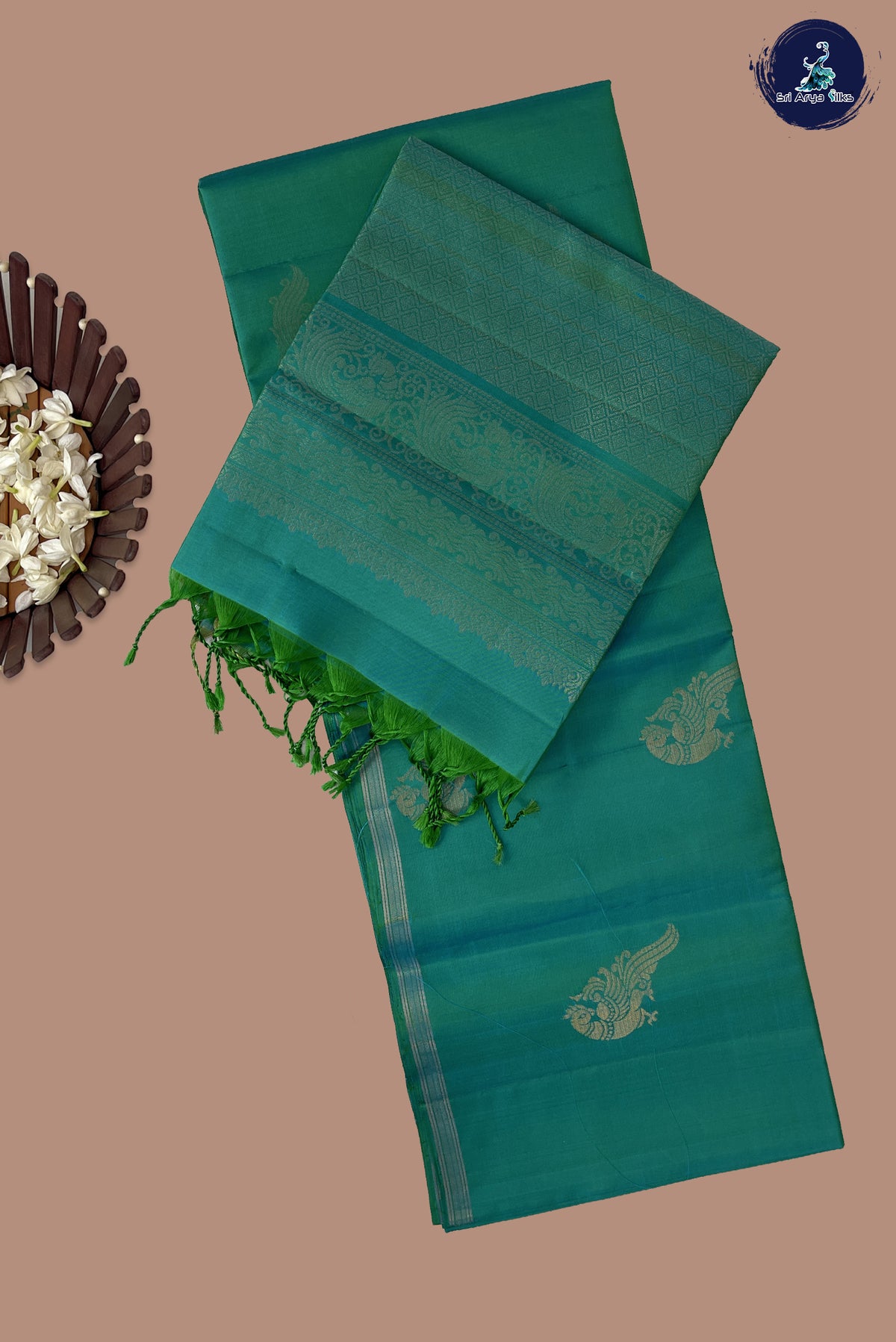 Bluish Green Soft Silk Saree With Peacock Butta Pattern