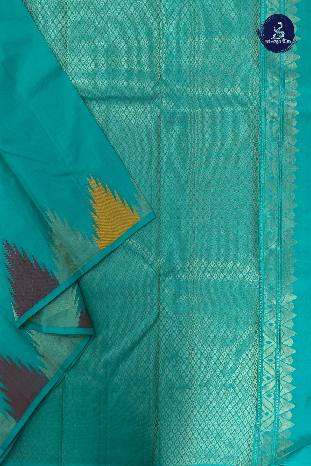 Turquoise Thalampoo / Temple Border Silk Saree With Plain Pattern