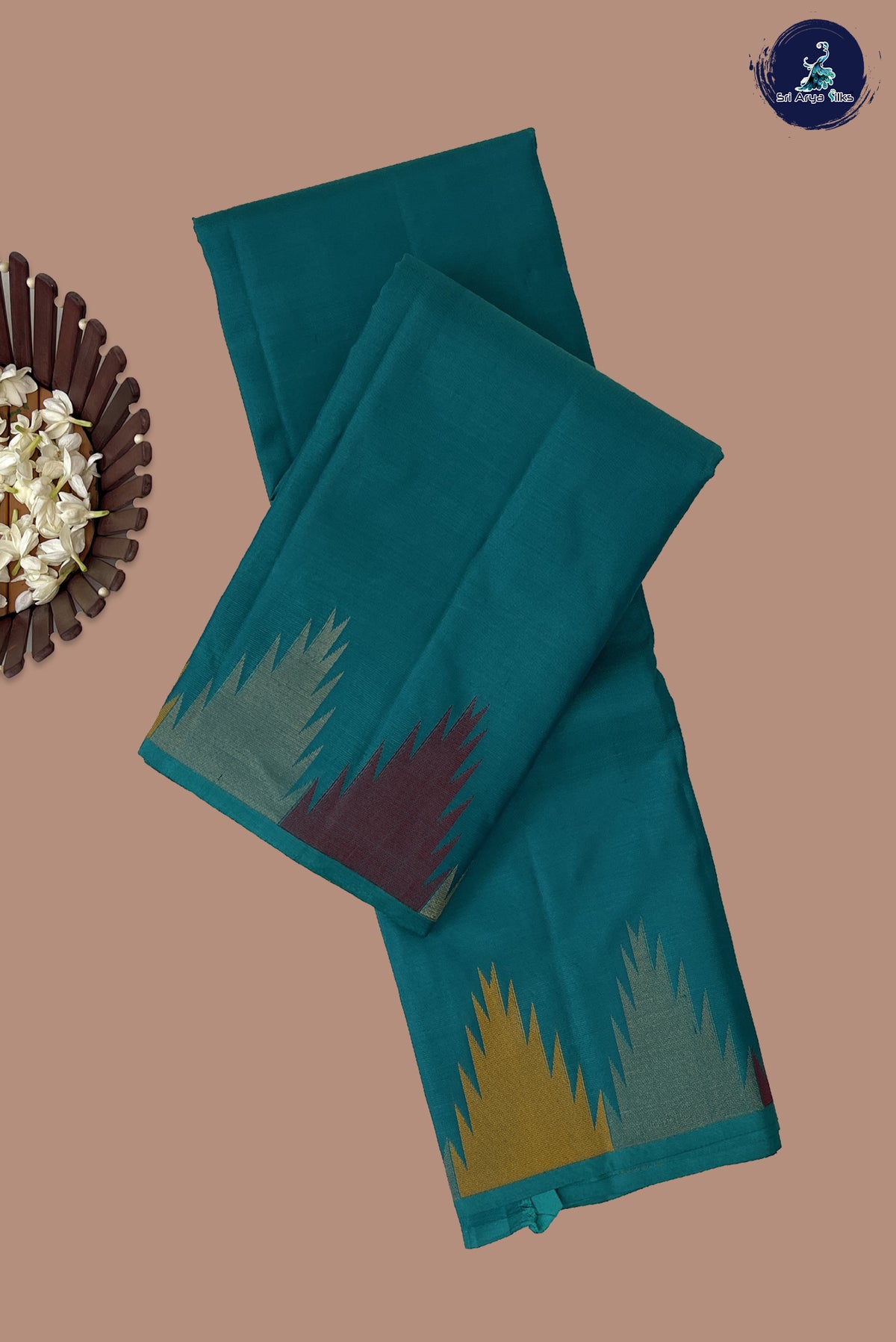 Turquoise Thalampoo / Temple Border Silk Saree With Plain Pattern