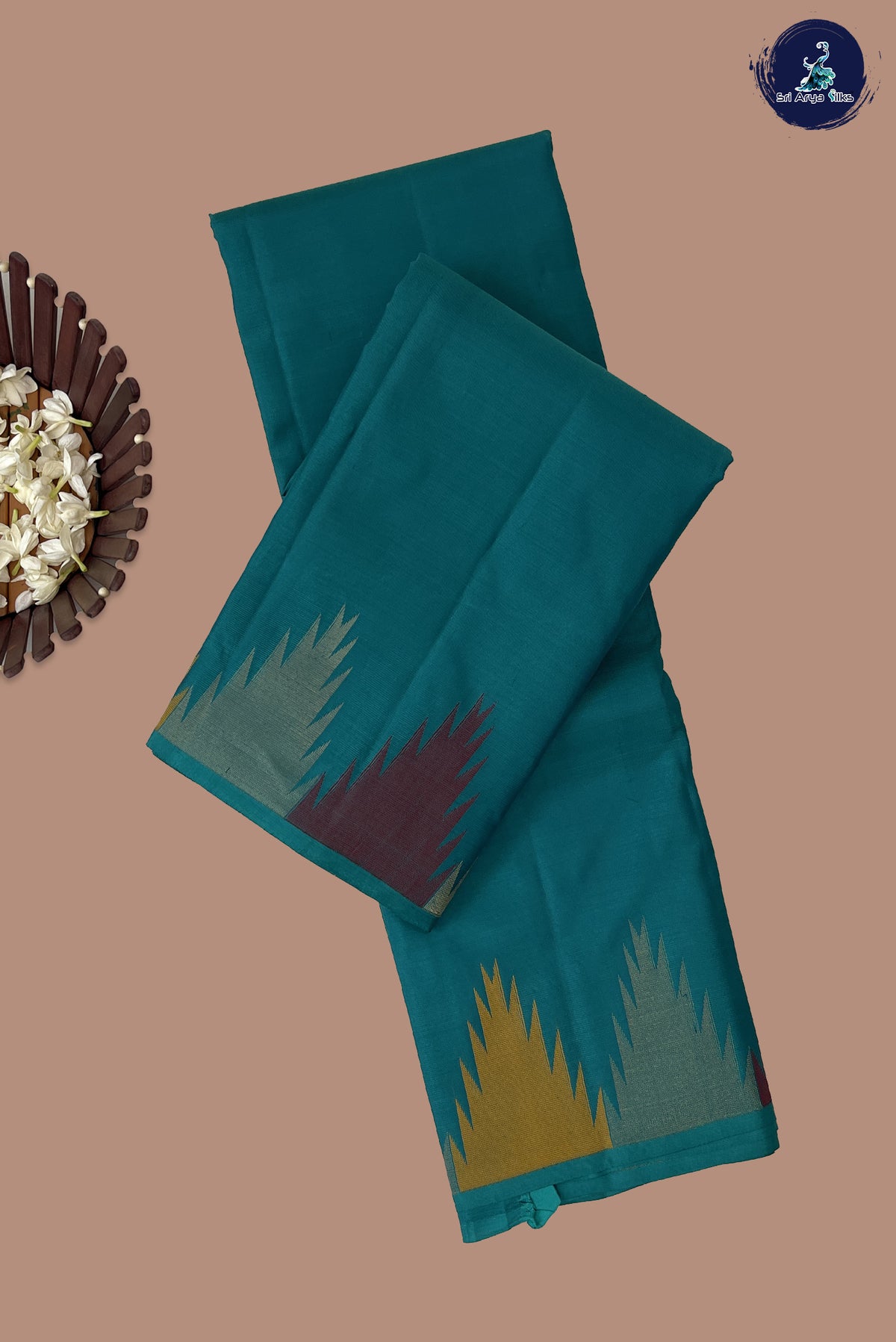 Teal Thalampoo / Temple Border Silk Saree With Plain Pattern