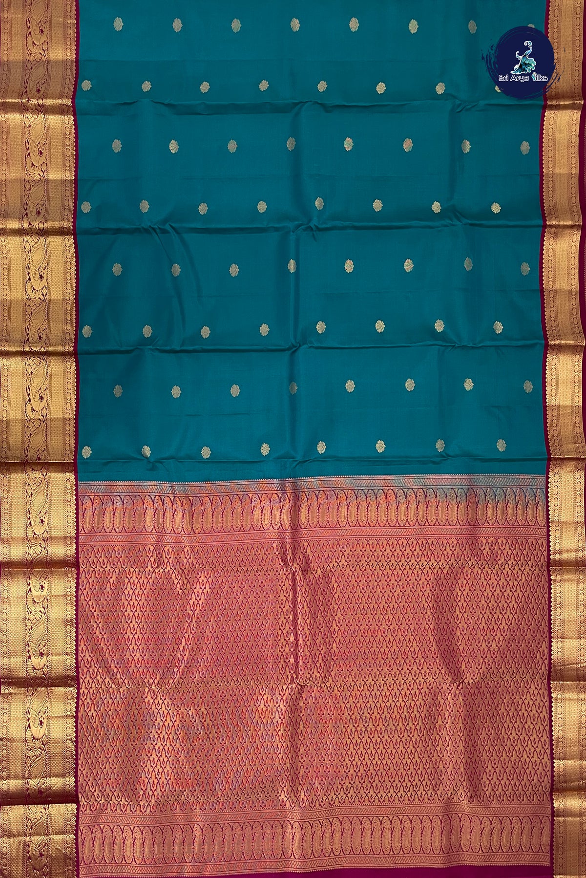 Teal Korvai Contrast Silk Saree With Zari Buttas Pattern
