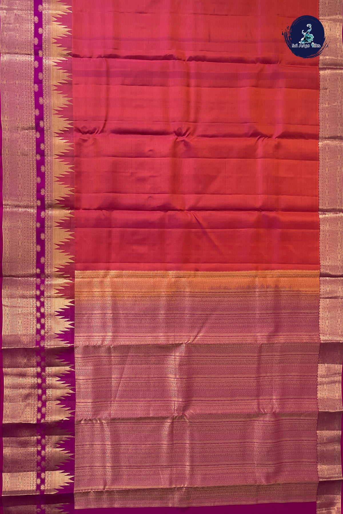 Orangish Pink Thalampoo / Temple Border Silk Saree With Plain Pattern