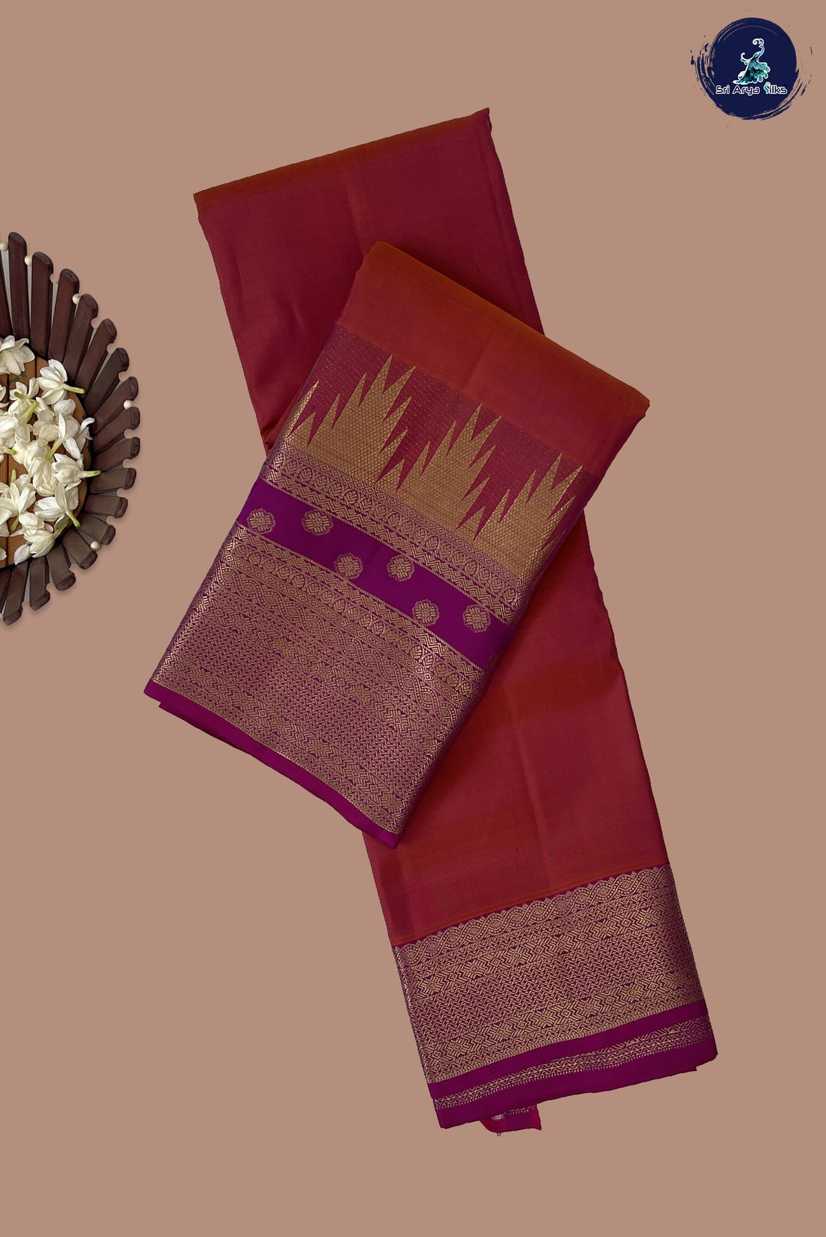Orangish Pink Thalampoo / Temple Border Silk Saree With Plain Pattern