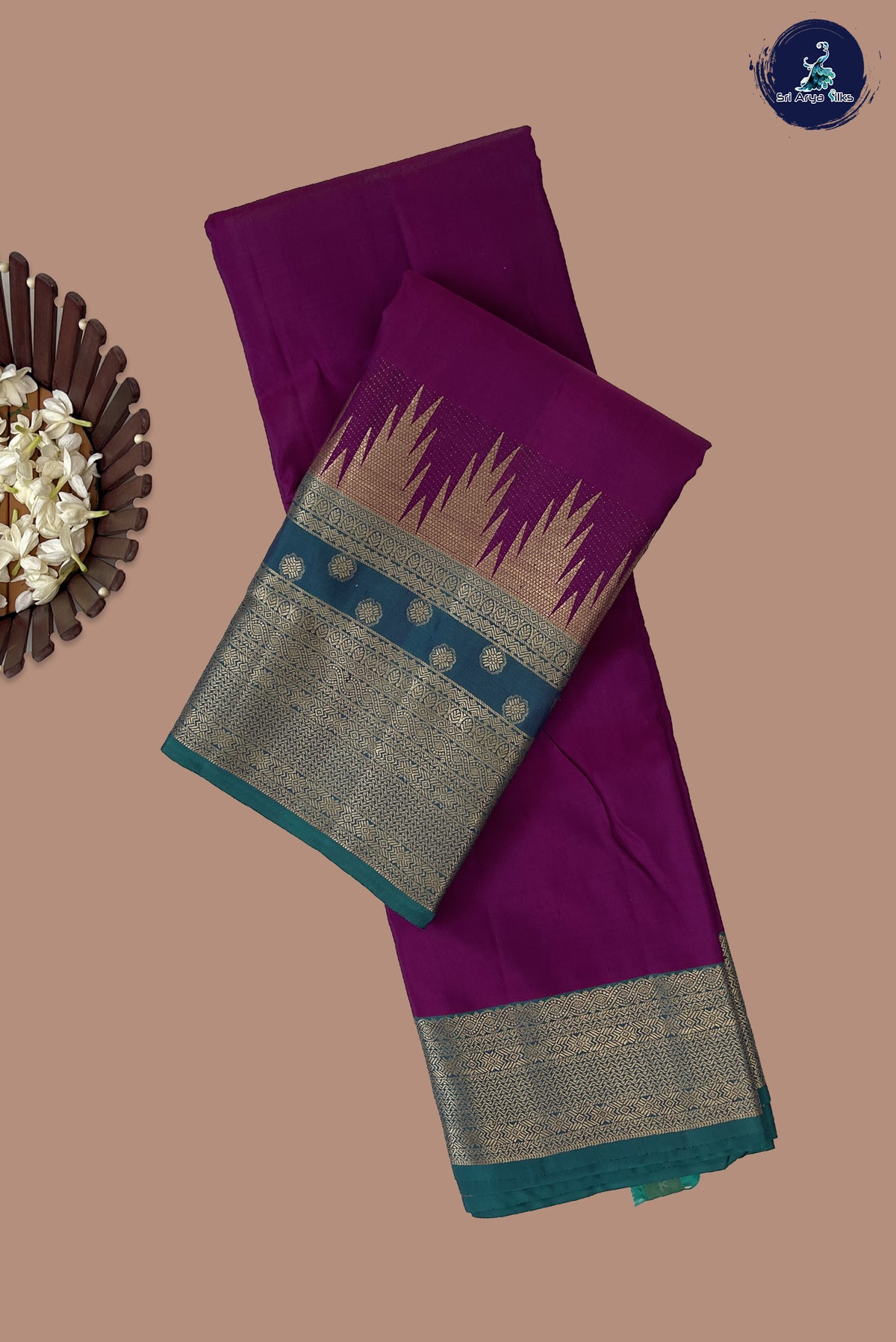 Dark Plum Thalampoo / Temple Border Silk Saree With Plain Pattern