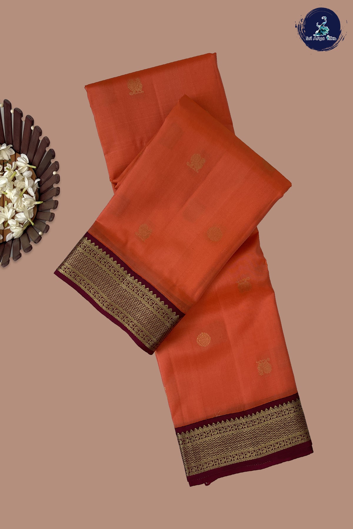 Coral Orange Mayil Chakram Butta Silk Saree With Mayil Chakram Butta Pattern