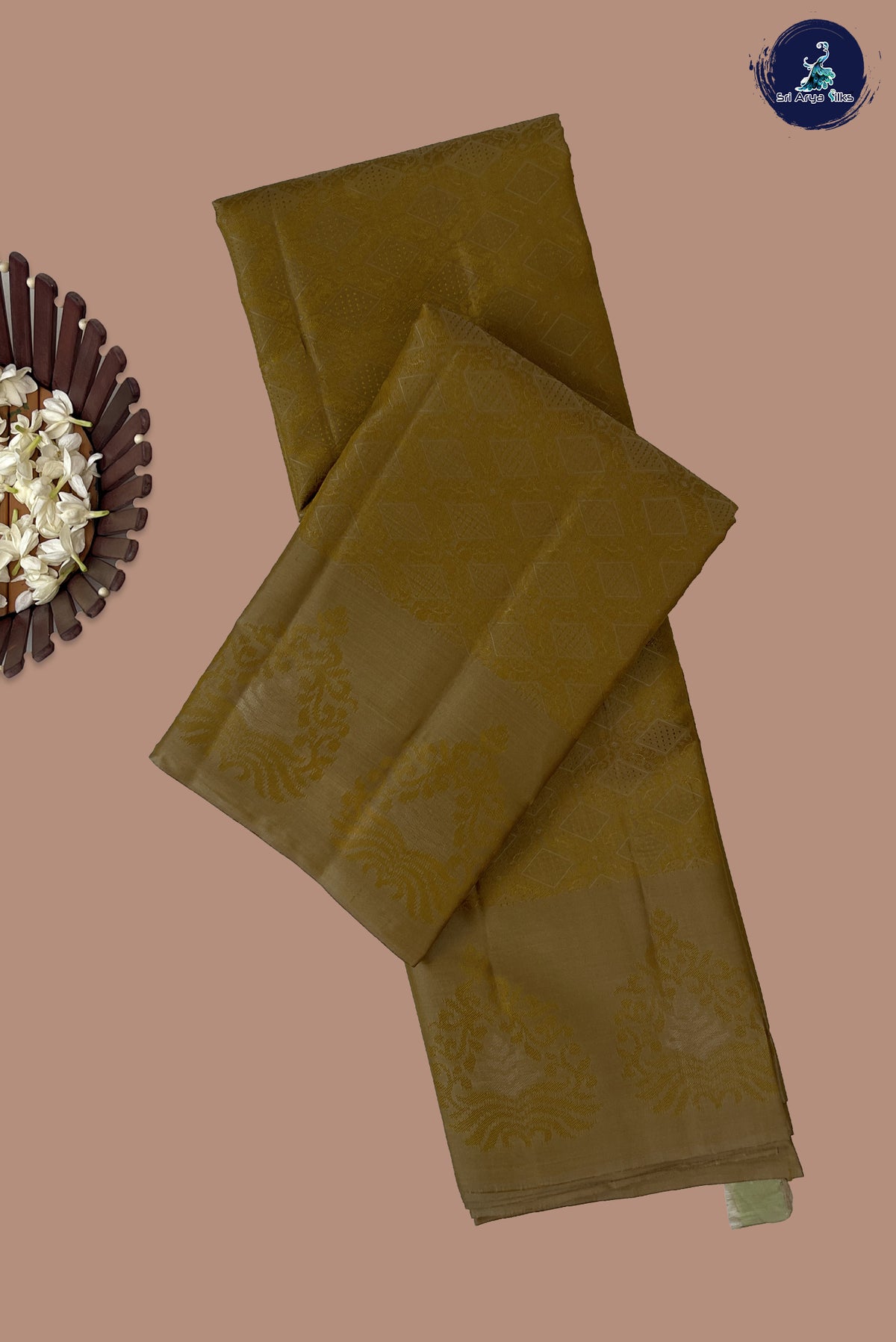Golden Mustard Thread Work Silk Saree With Embossed Pattern