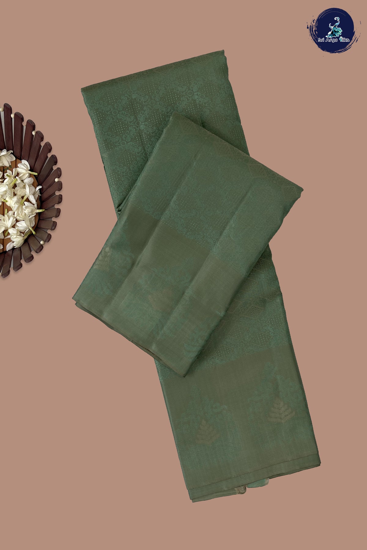 Pastel Green Thread Work Silk Saree With Embossed Pattern