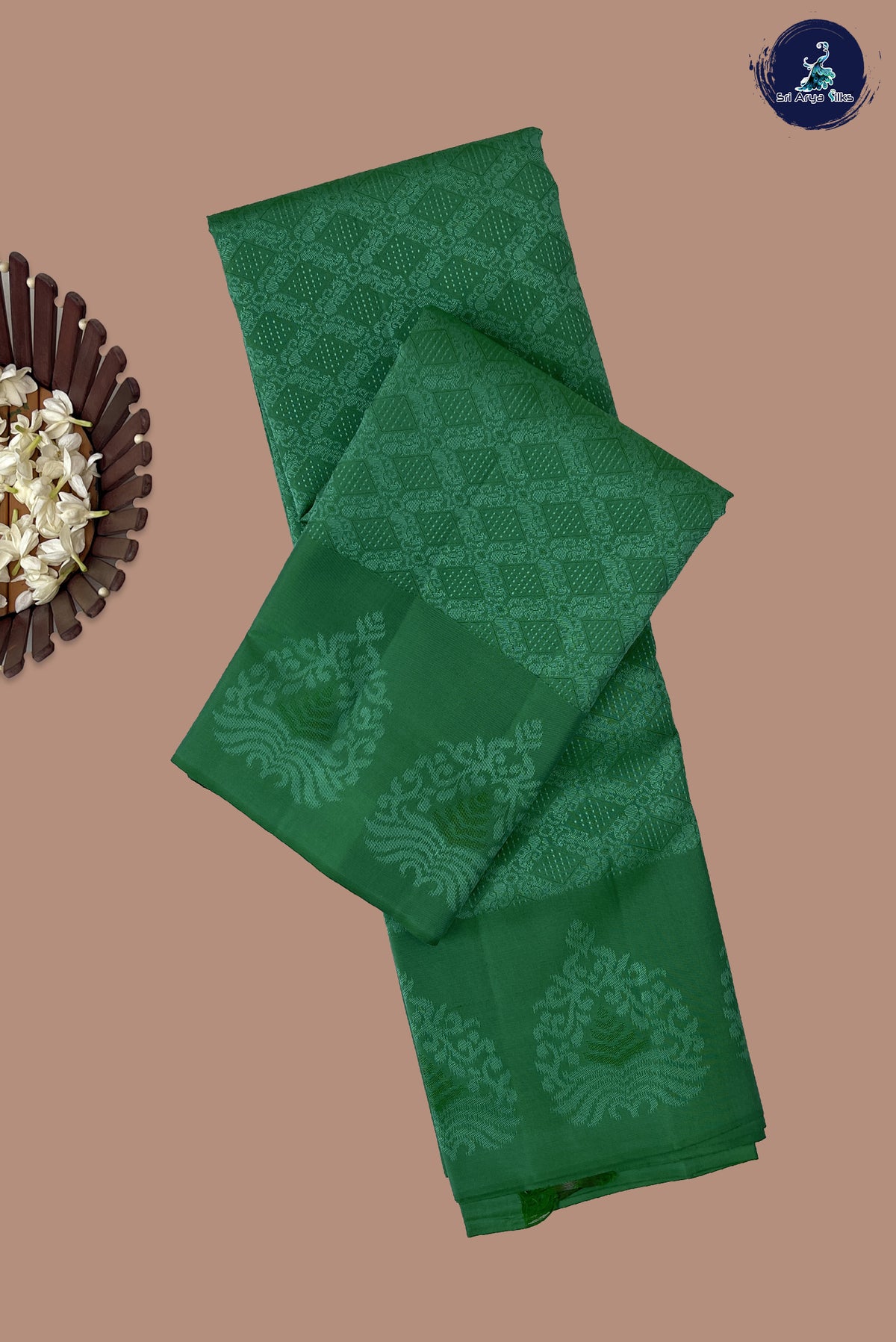 Green Thread Work Silk Saree With Embossed Pattern