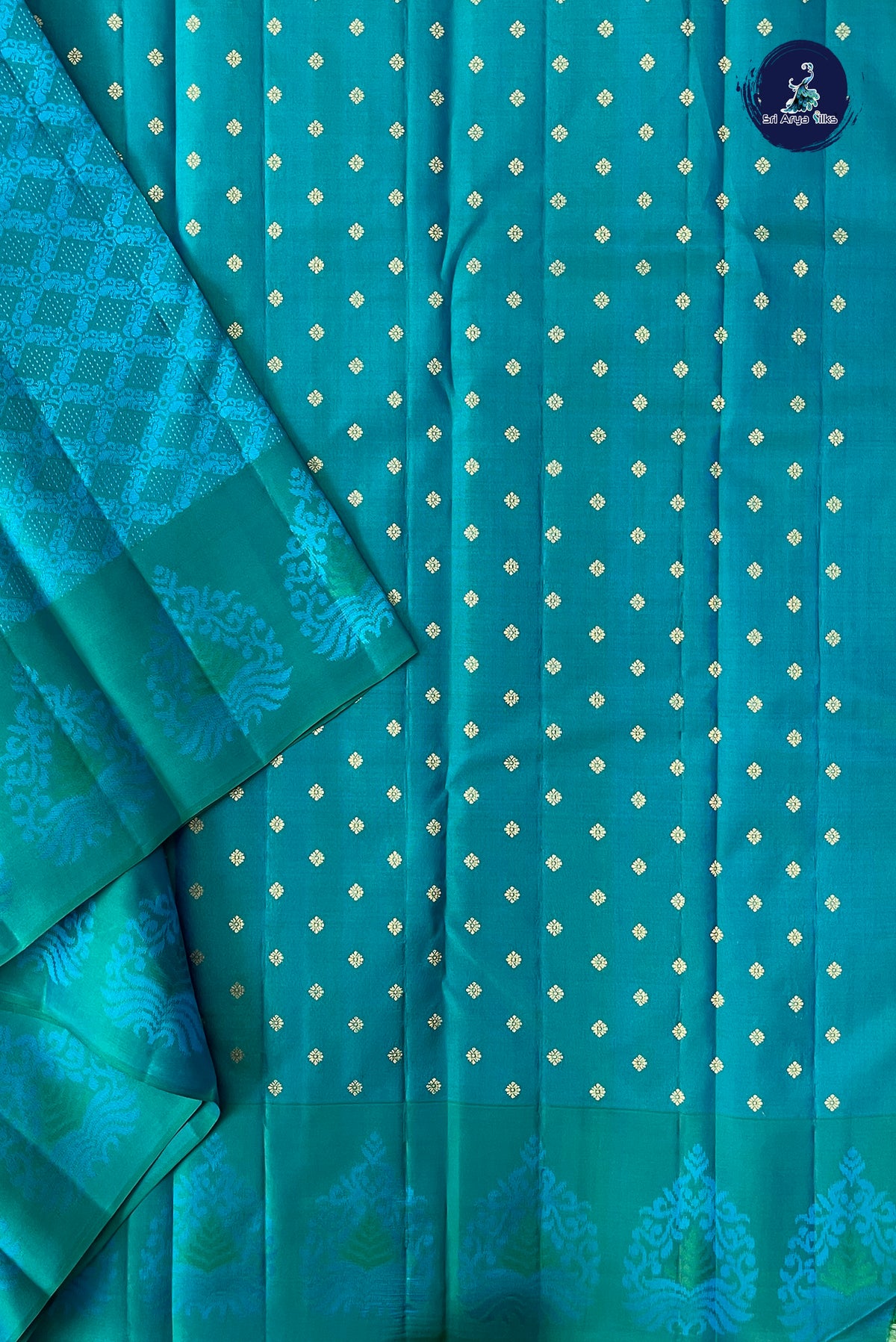Blue Thread Work Silk Saree With Embossed Pattern