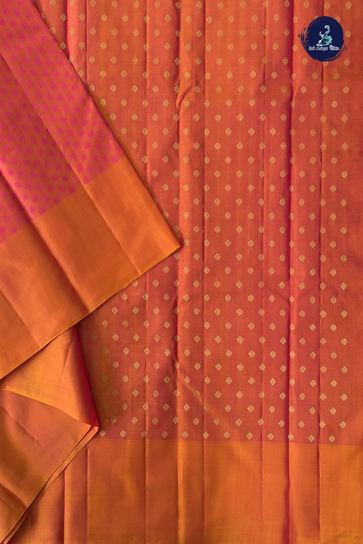 Pinkish Orange Thread Work Silk Saree With Embossed Pattern