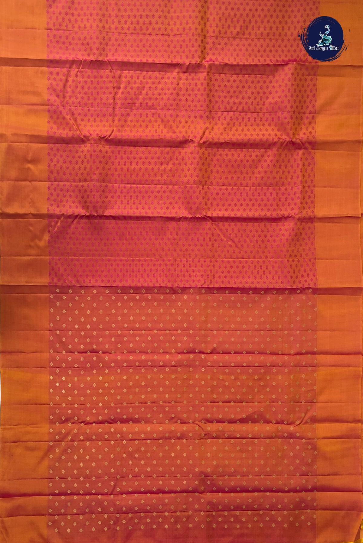 Pinkish Orange Thread Work Silk Saree With Embossed Pattern