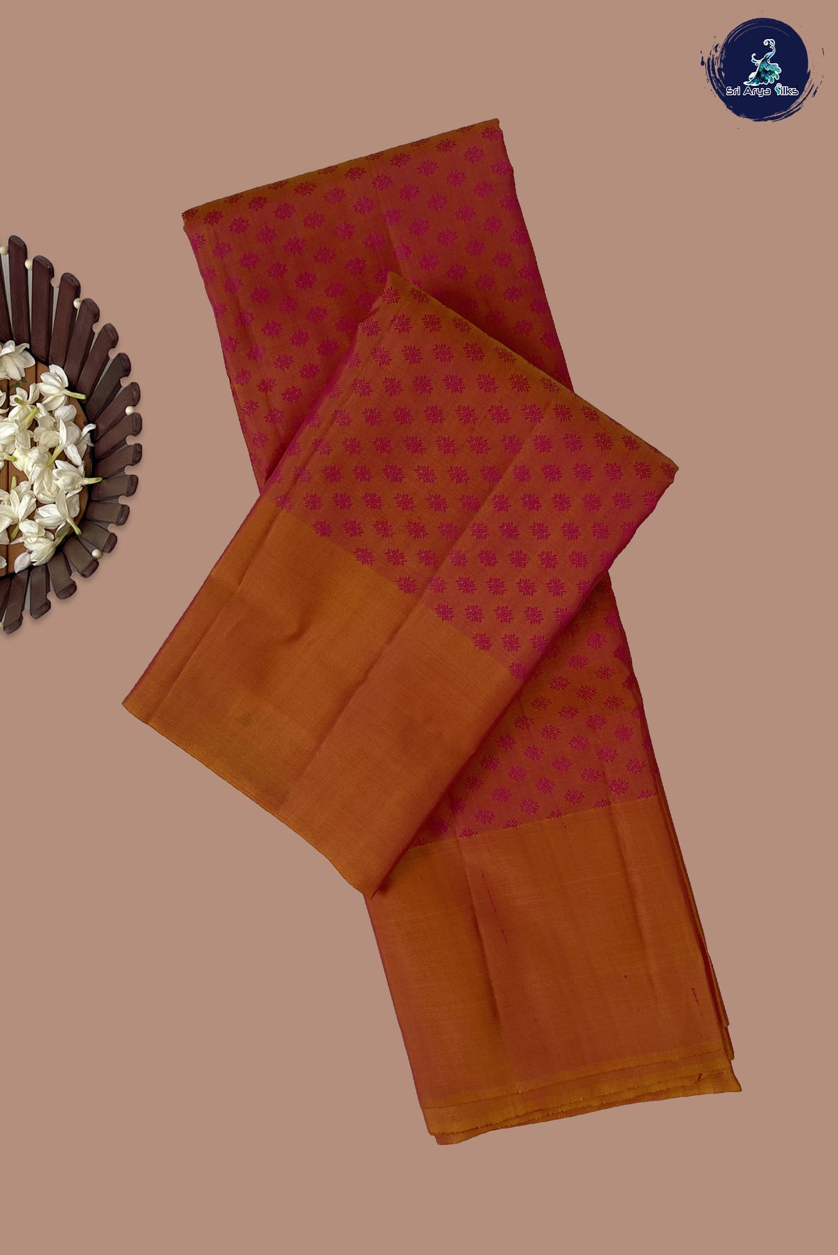 Pinkish Orange Thread Work Silk Saree With Embossed Pattern
