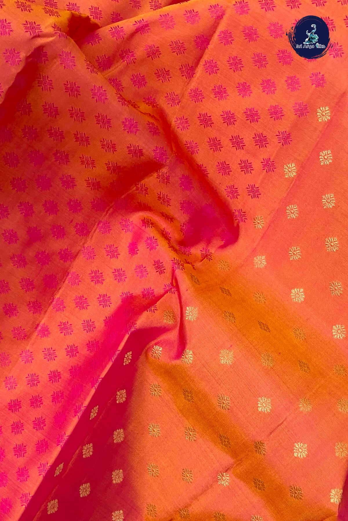 Pinkish Orange Thread Work Silk Saree With Embossed Pattern