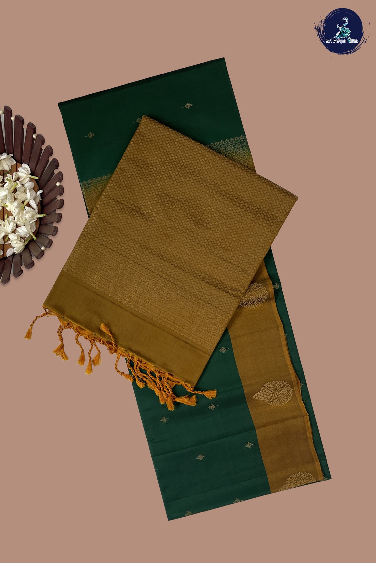 Dark Green Half Pure Silk Saree With Zari Buttas Pattern