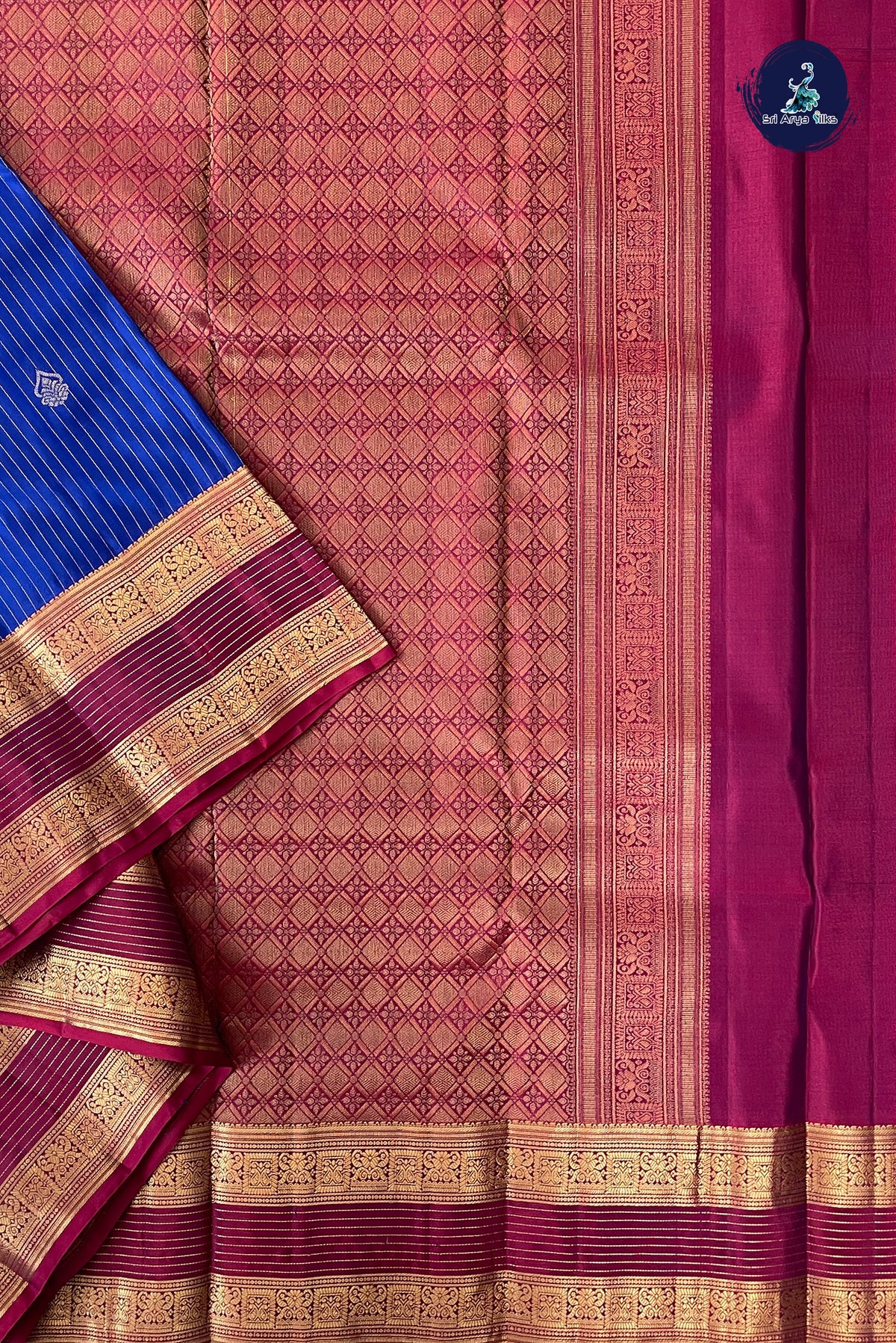 Blue Half Pure Silk Saree With Stripes Pattern