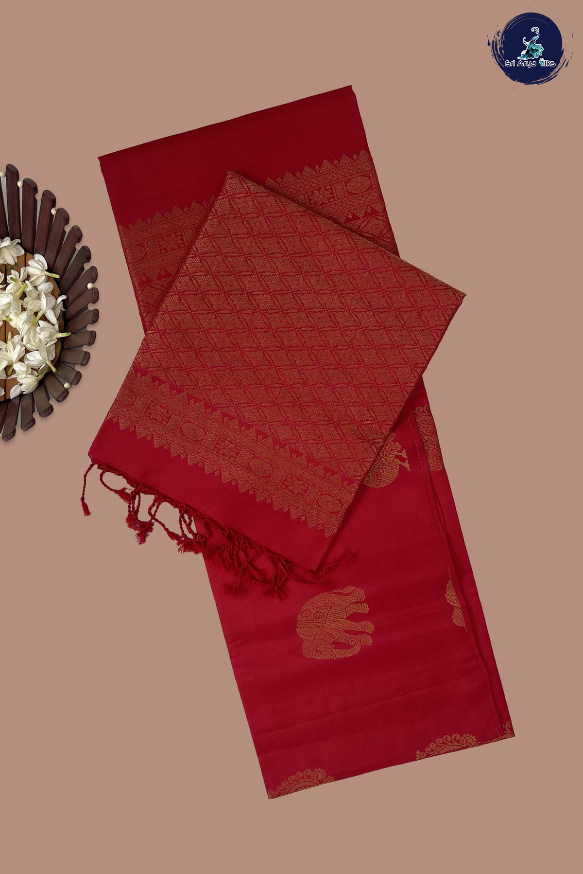 Red Half Pure Silk Saree With Zari Buttas Pattern