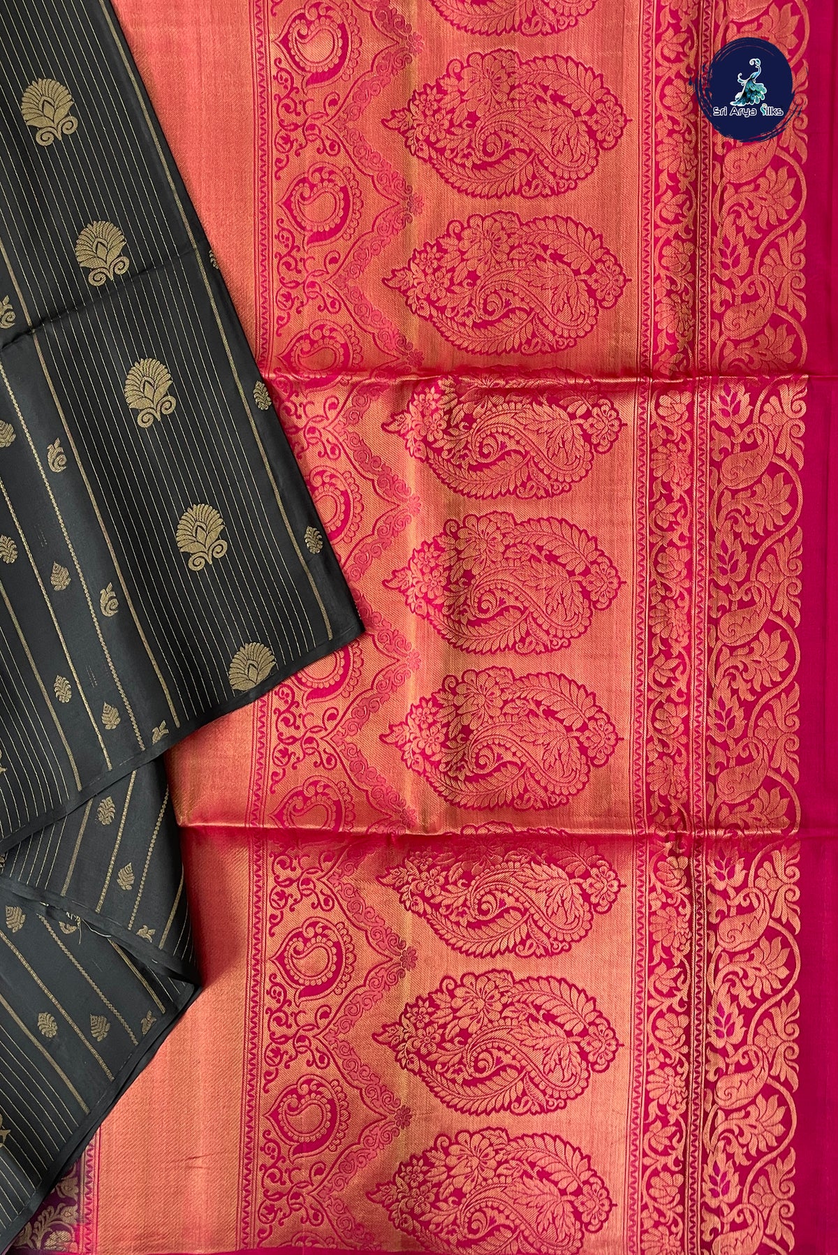 Black Half Pure Silk Saree With Stripes Pattern