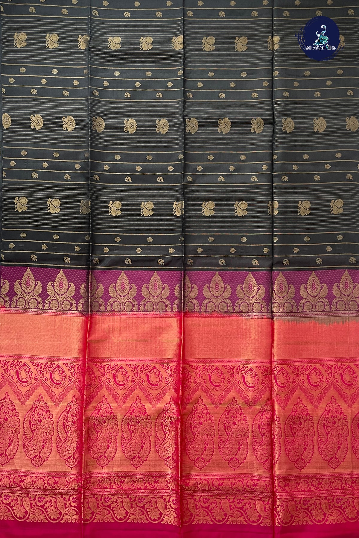 Black Half Pure Silk Saree With Stripes Pattern