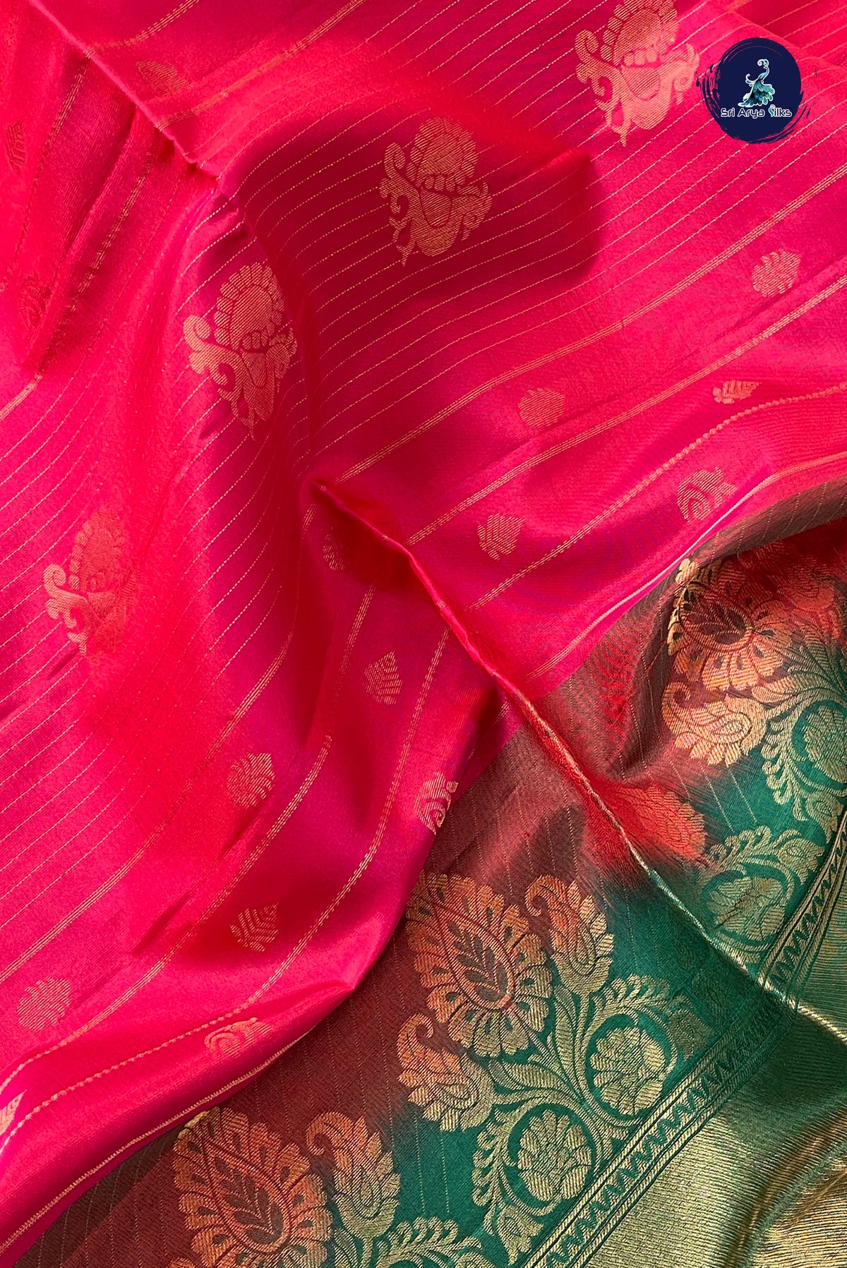 Red Half Pure Silk Saree With Stripes Pattern