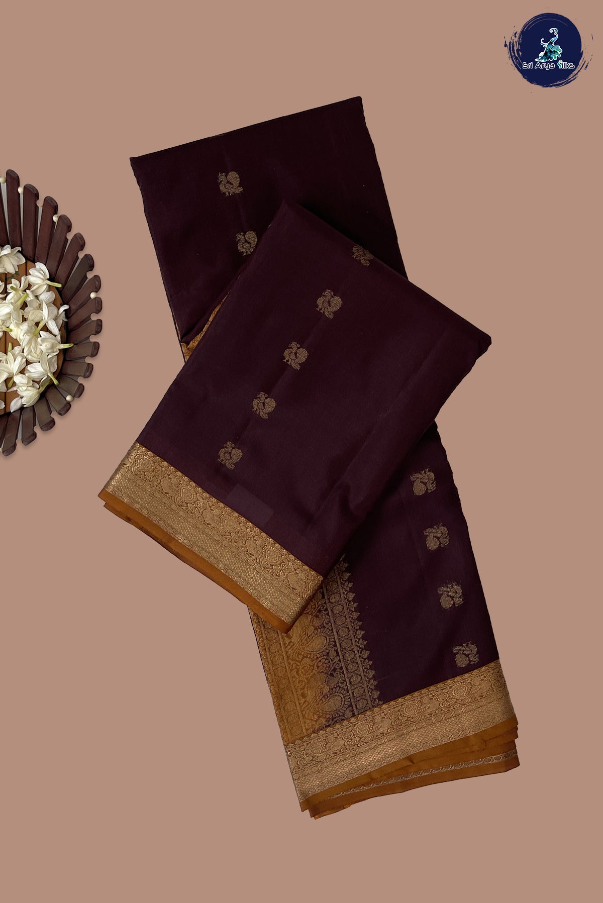 Brown Half Pure Silk Saree With Peacock Butta Pattern