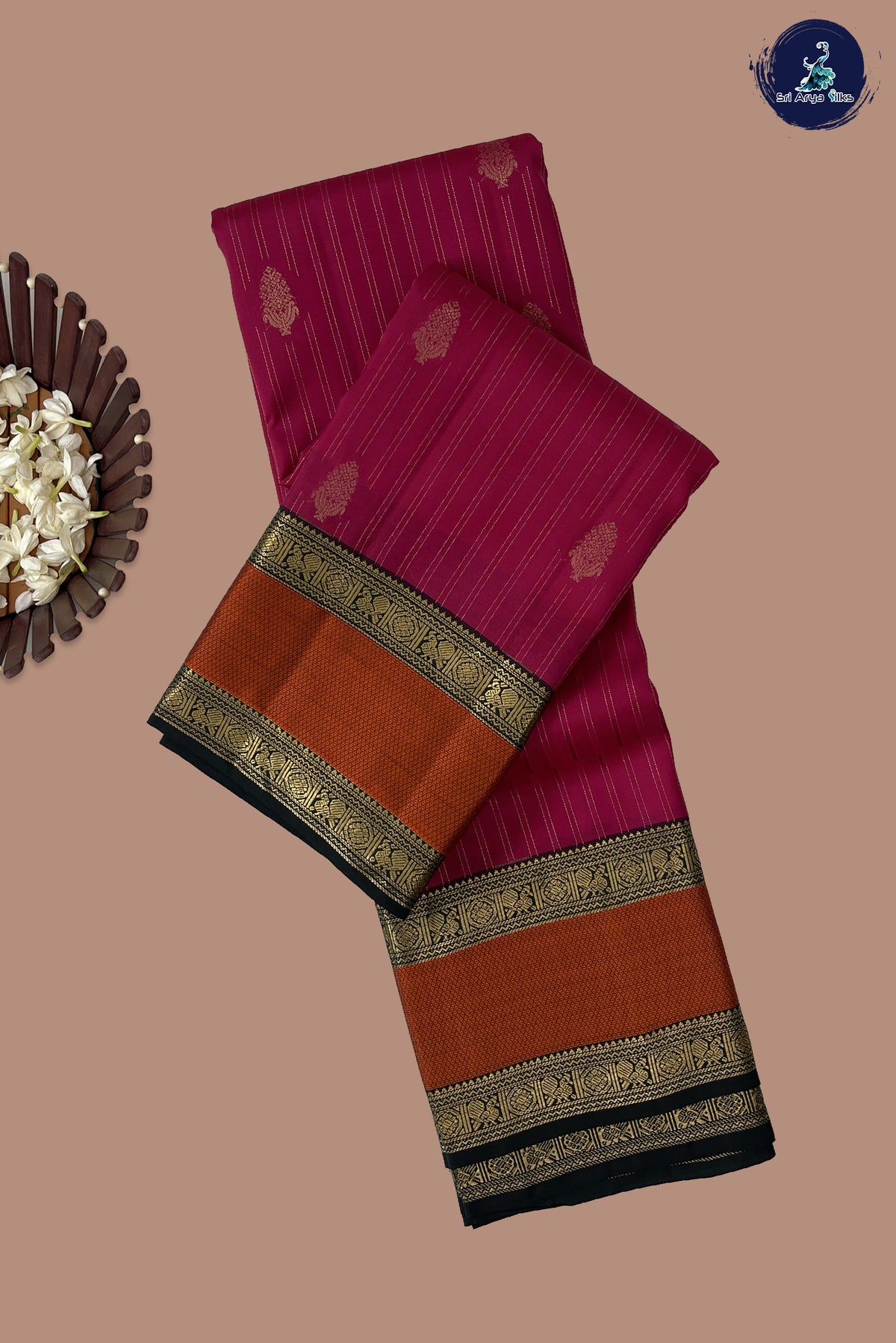 Reddish Pink Traditional Silk Saree With Stripes Pattern