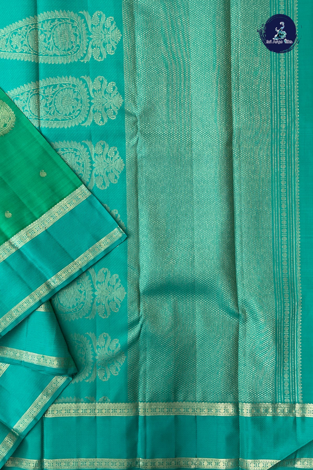 Sea Green Rettaippade Border Silk Saree With Zari Buttas Pattern
