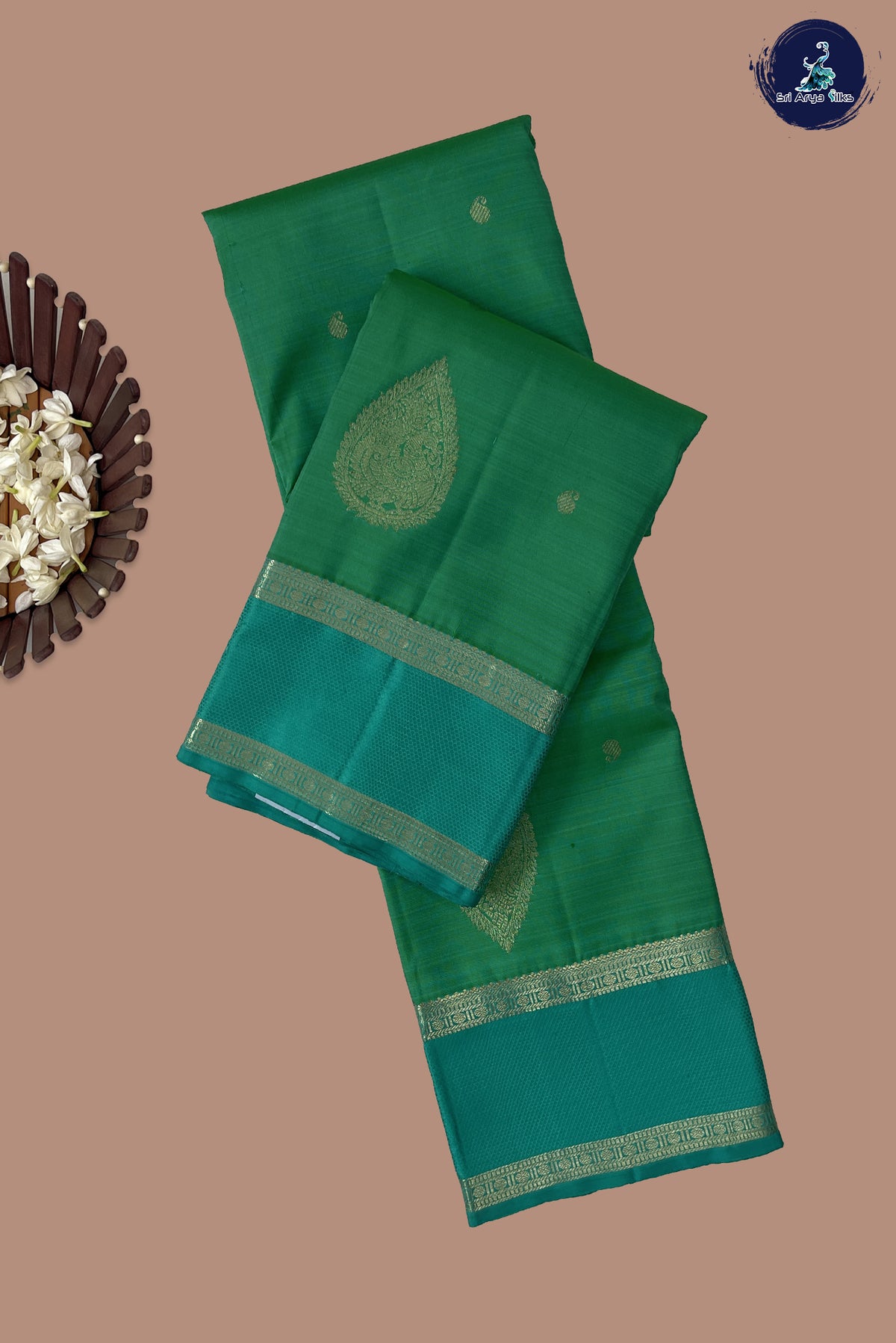 Sea Green Rettaippade Border Silk Saree With Zari Buttas Pattern