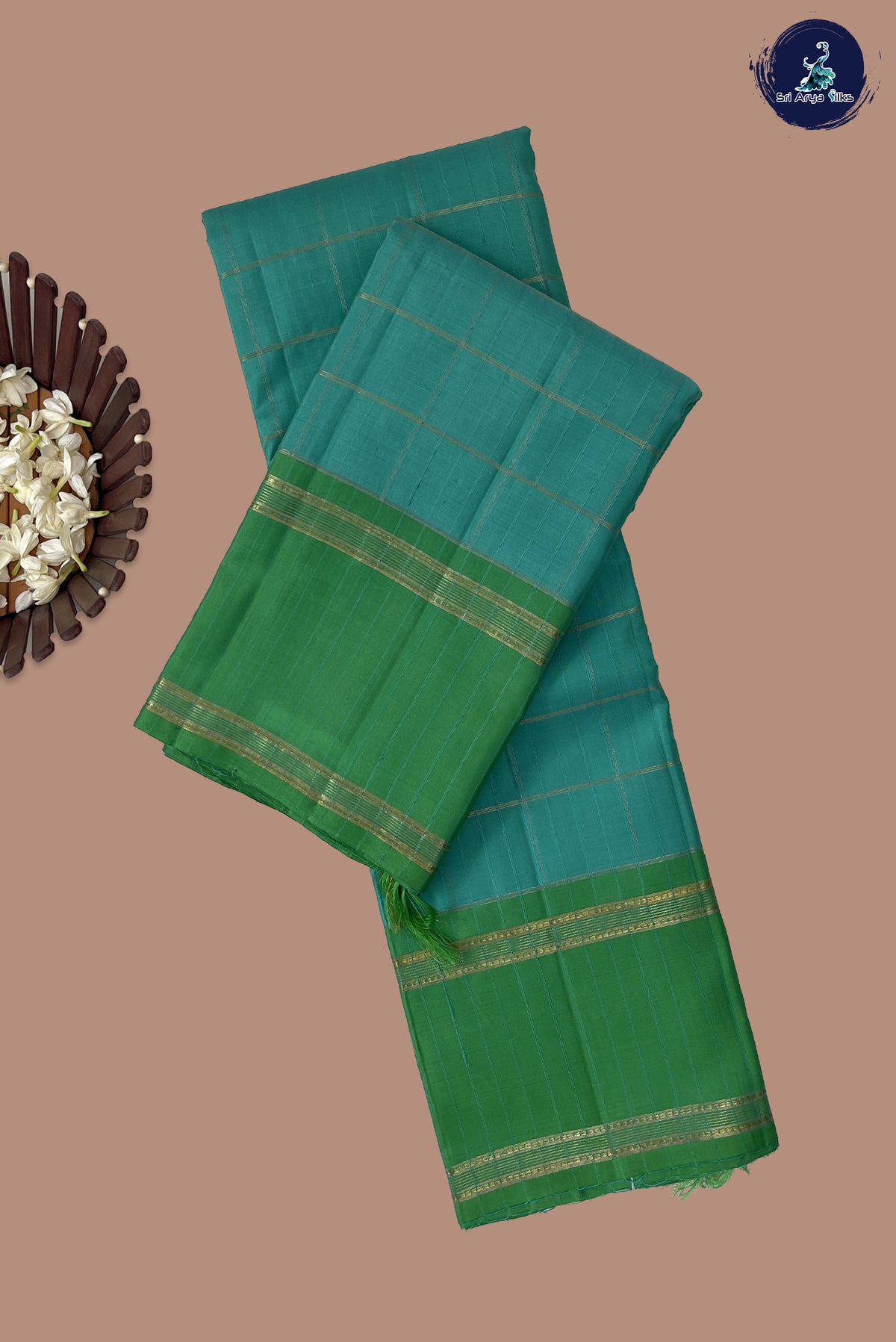 Sea Green Rettaippade Border Silk Saree With Zari Checked Pattern