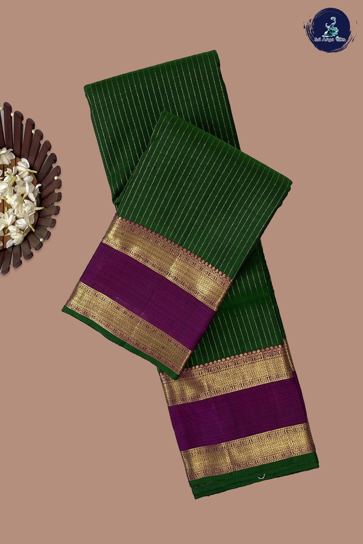 Bottle Green Rettaippade Border Silk Saree With Stripes Pattern