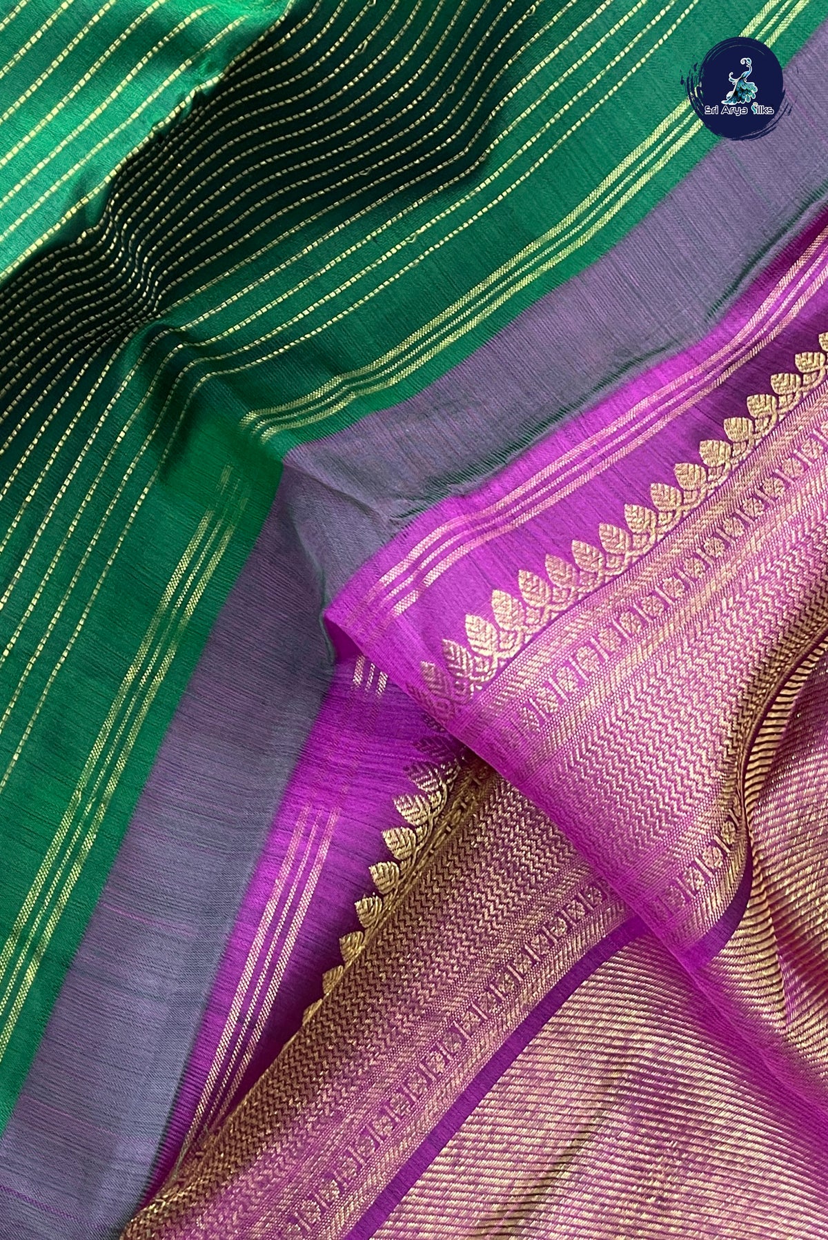 Bottle Green Rettaippade Border Silk Saree With Stripes Pattern