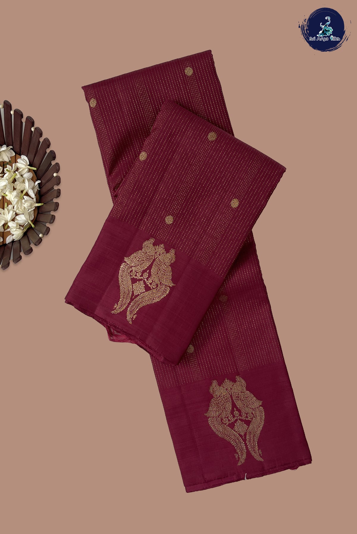 Pinkish Maroon Bridal Silk Saree With Stripes Pattern