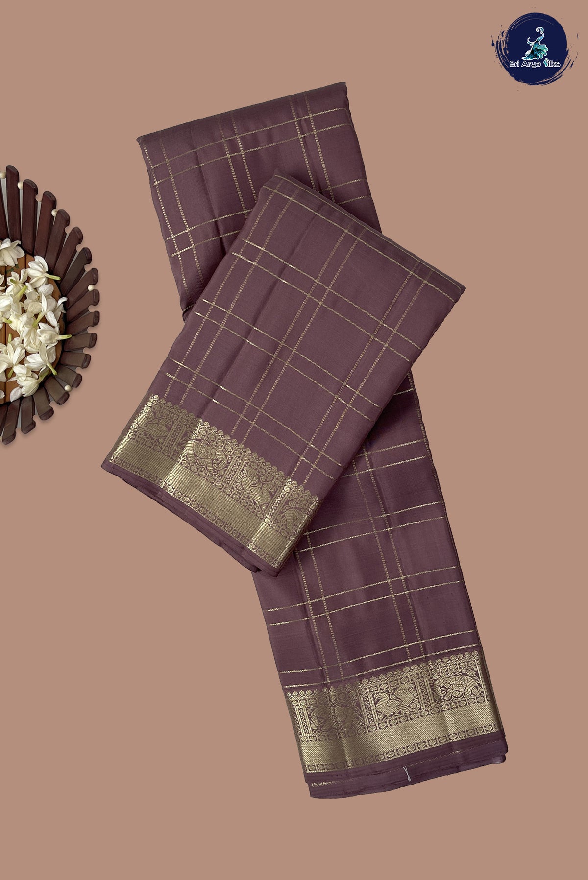Mauve Checked Silk Saree With Zari Checked Pattern