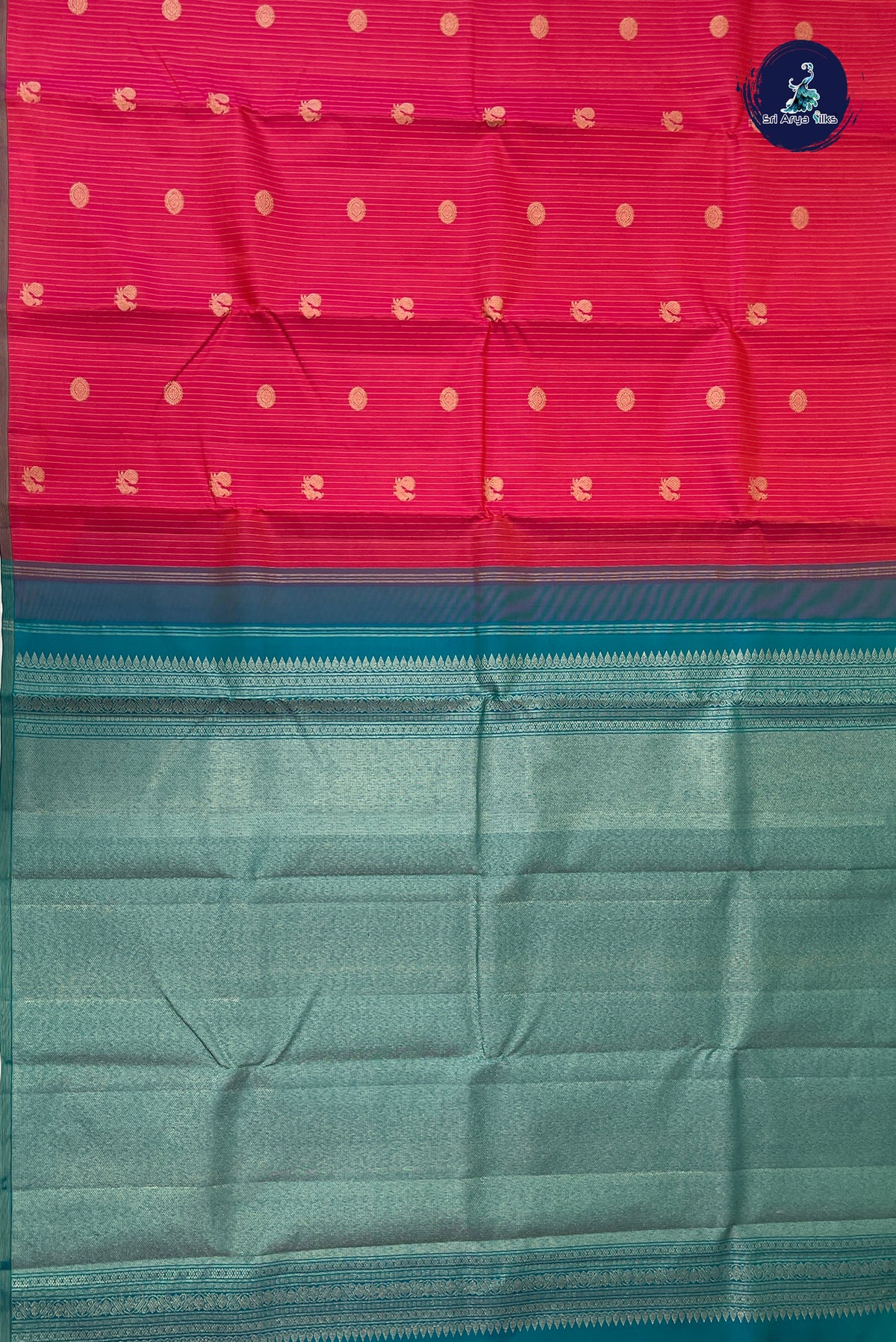 Orangish Pink Mayil Chakram Butta Silk Saree With Stripes Pattern