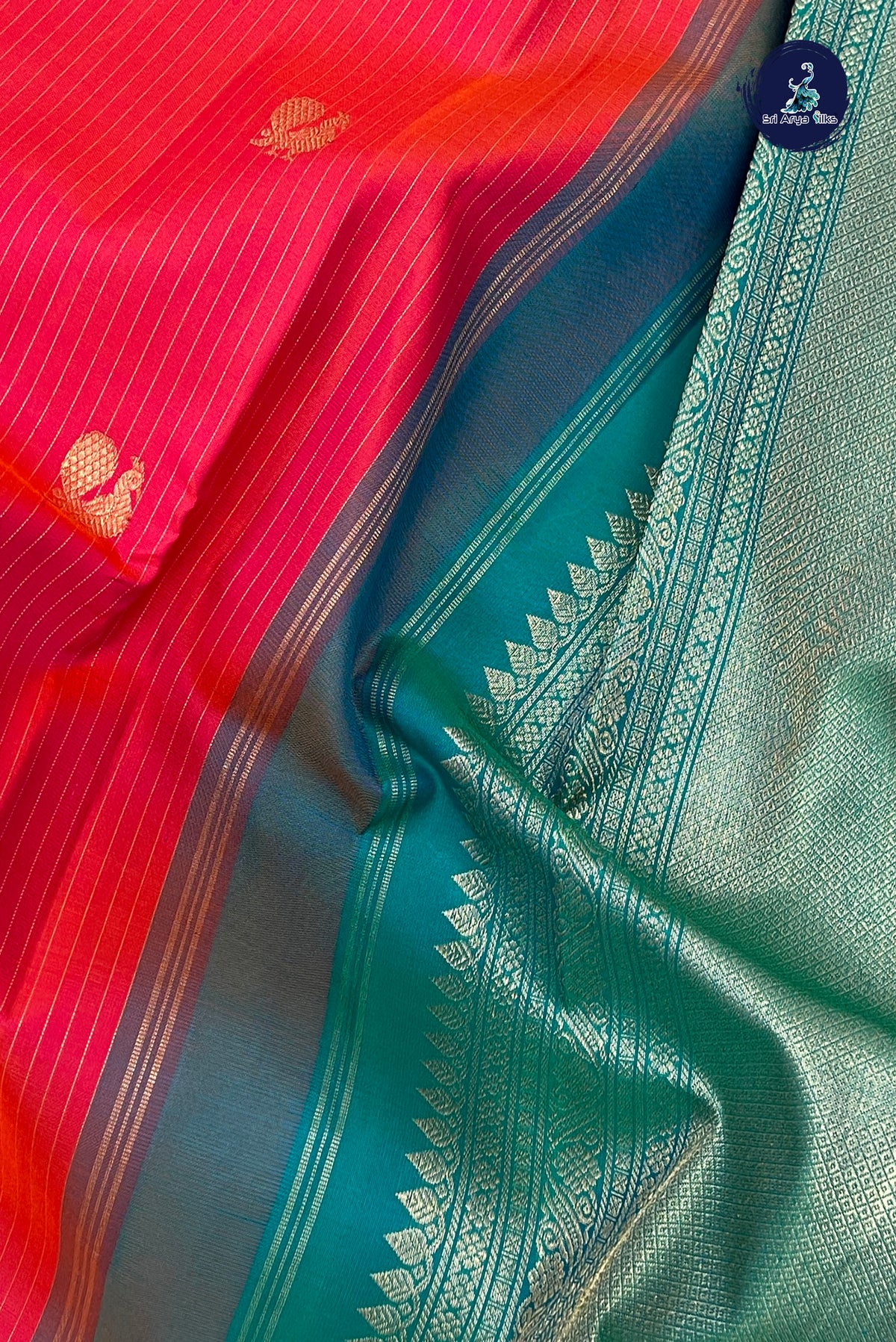 Orangish Pink Mayil Chakram Butta Silk Saree With Stripes Pattern