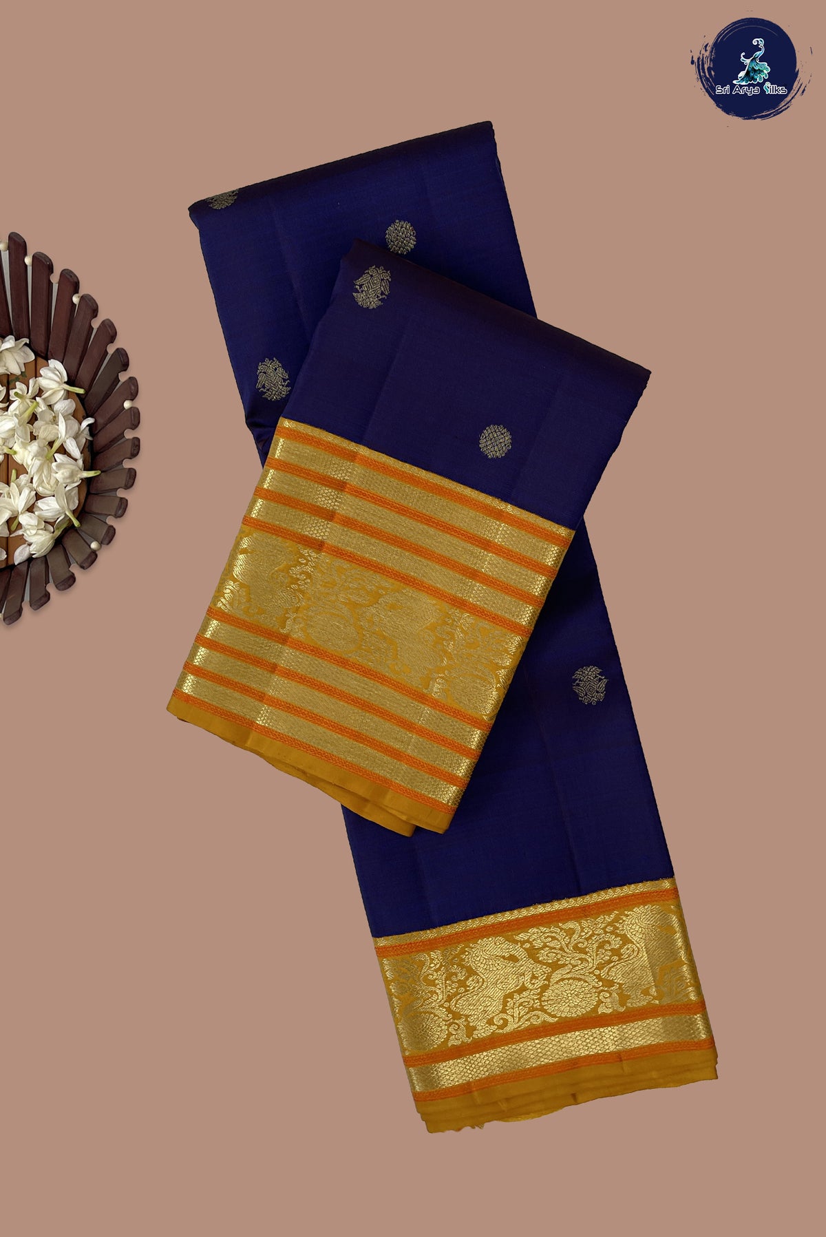 Dark Blue Korvai Contrast Silk Saree With Zari Buttas Pattern