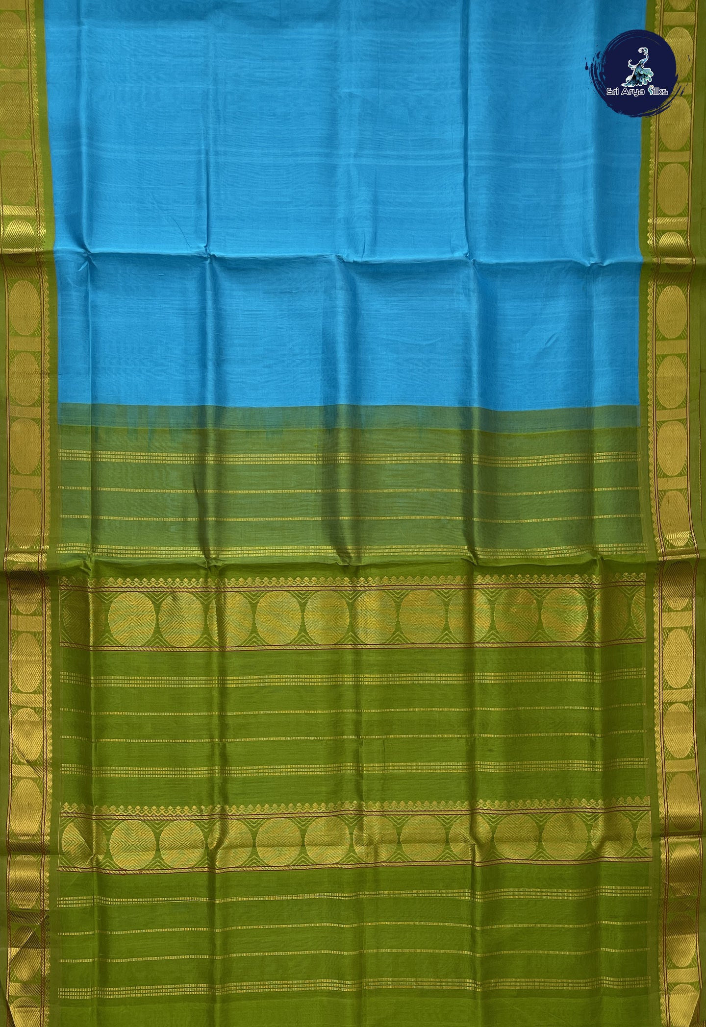 Sky Blue Korvai Silk Cotton Saree With Plain Pattern