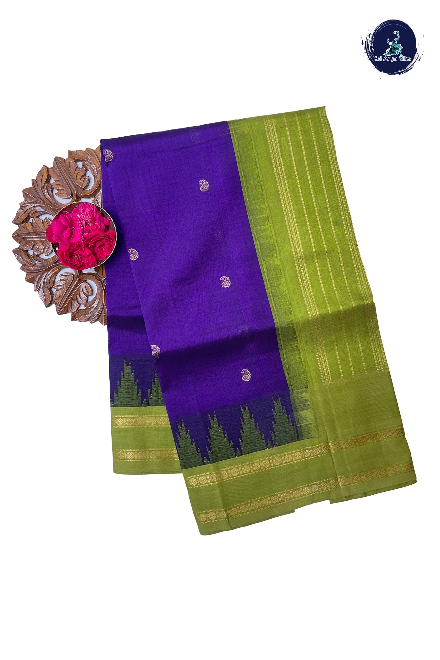 Dark Brinjal Kuppadam Silk Cotton Saree With Zari Buttas Pattern