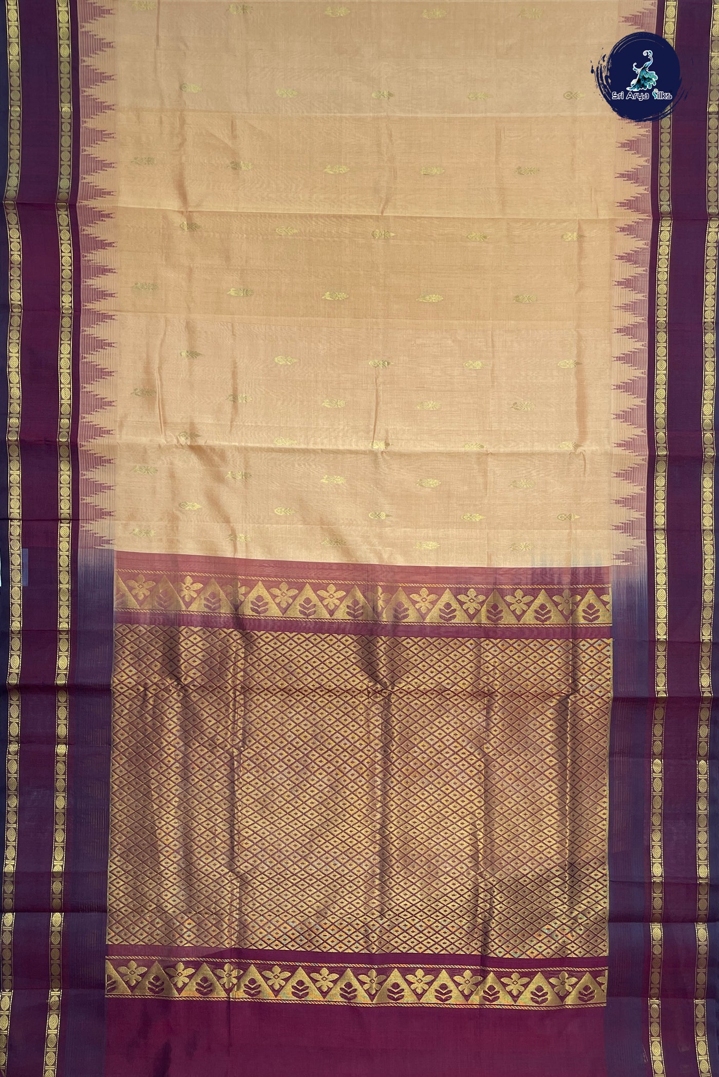Beige Kuppadam Silk Cotton Saree With Zari Buttas Pattern