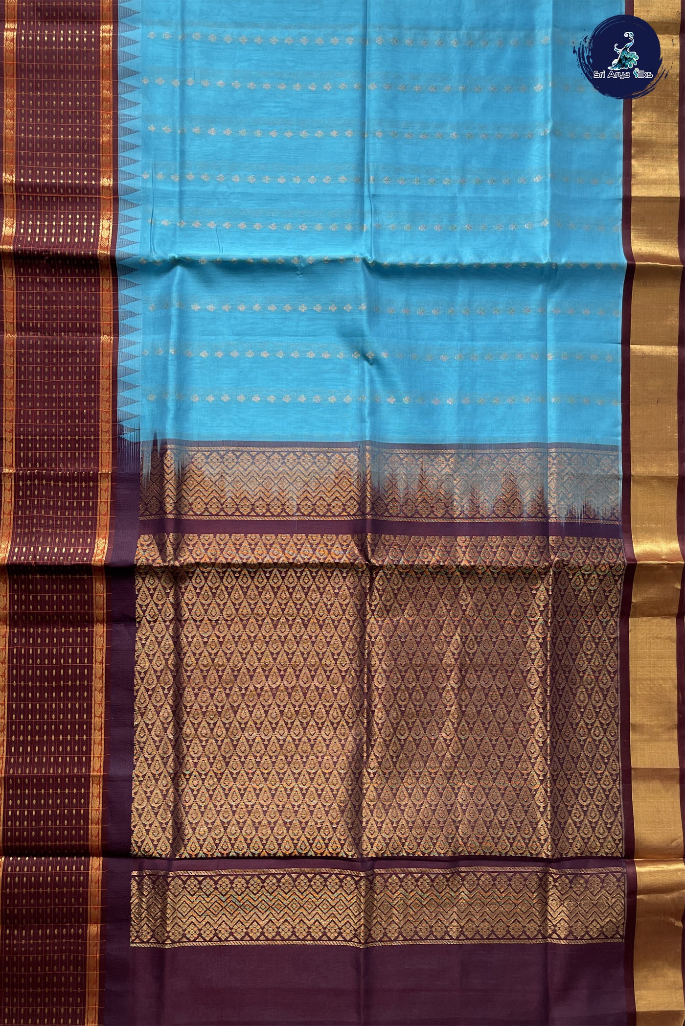 Sky Blue Kuppadam Korvai Silk Cotton Saree With Zari Buttas Pattern