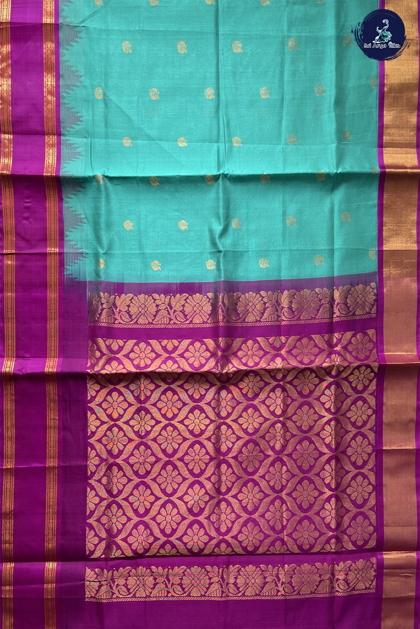 Turquoise Kuppadam Korvai Silk Cotton Saree With Zari Buttas Pattern