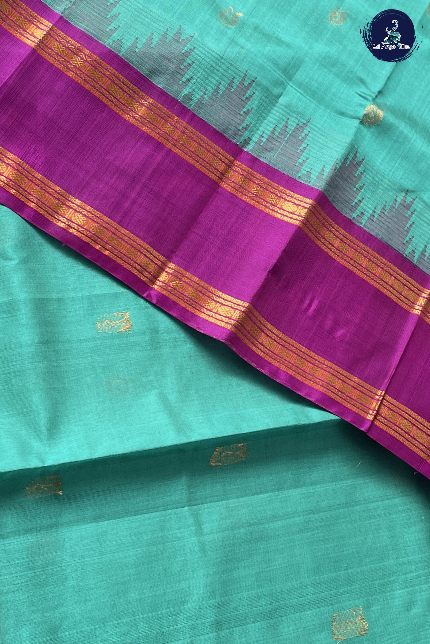 Turquoise Kuppadam Korvai Silk Cotton Saree With Zari Buttas Pattern