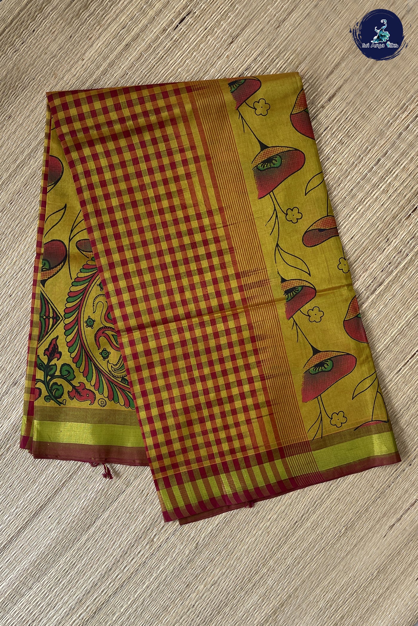 Golden Mustard Kalamkari Saree With Kalamkari Pattern