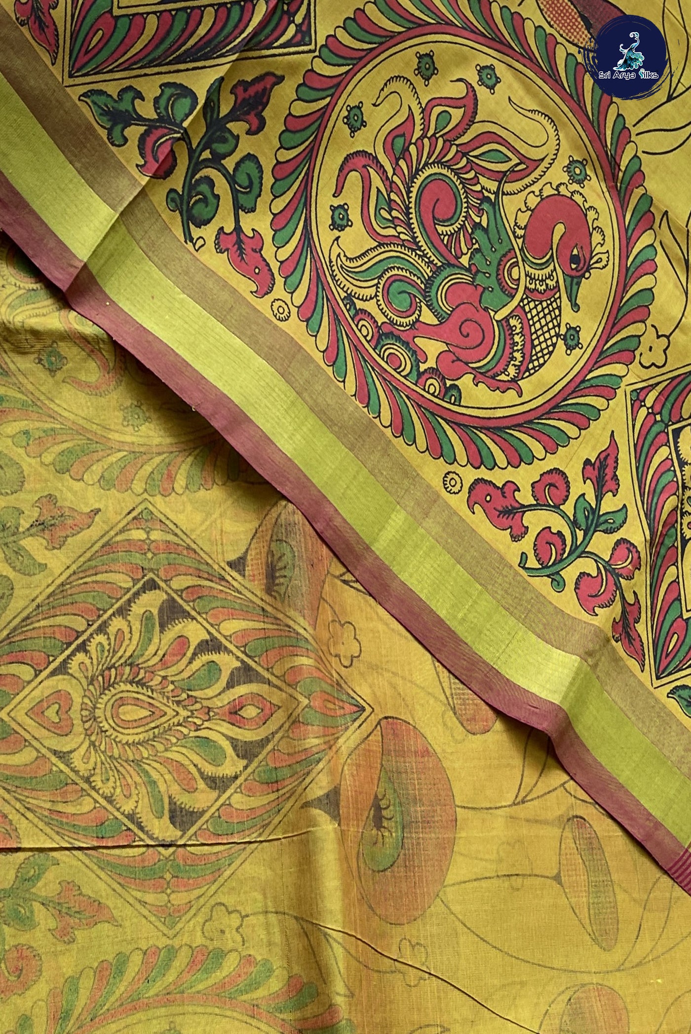 Golden Mustard Kalamkari Saree With Kalamkari Pattern