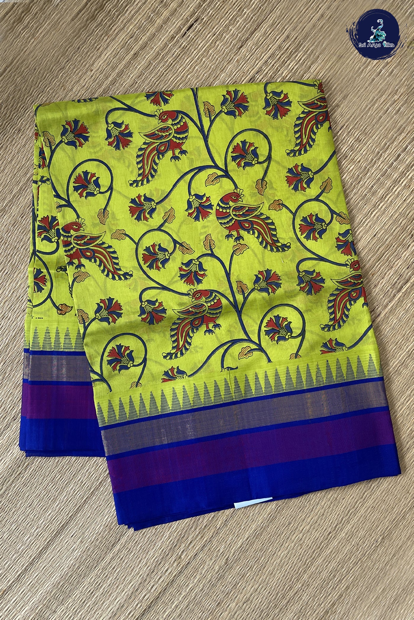 Lime Green Kalamkari Saree With Kalamkari Pattern