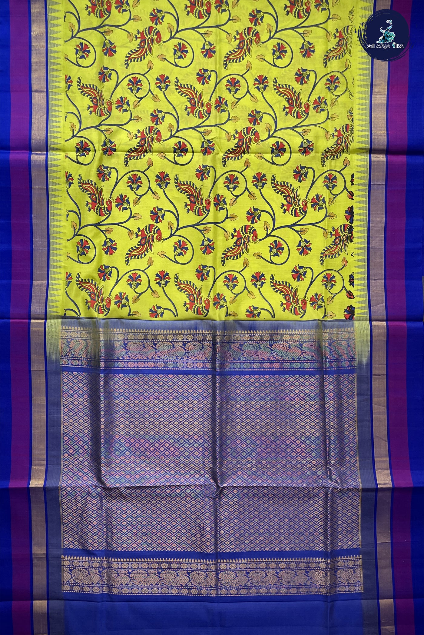 Lime Green Kalamkari Saree With Kalamkari Pattern